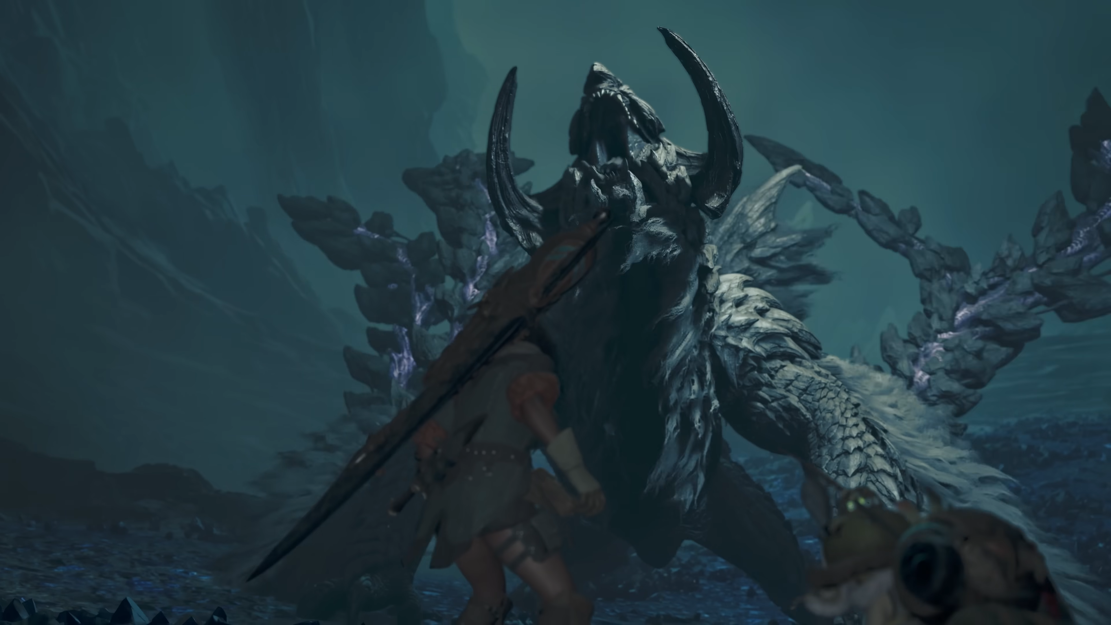 A Hunter fights a large chained dragon in Wilds A Hunter fights a large chained dragon in Wilds