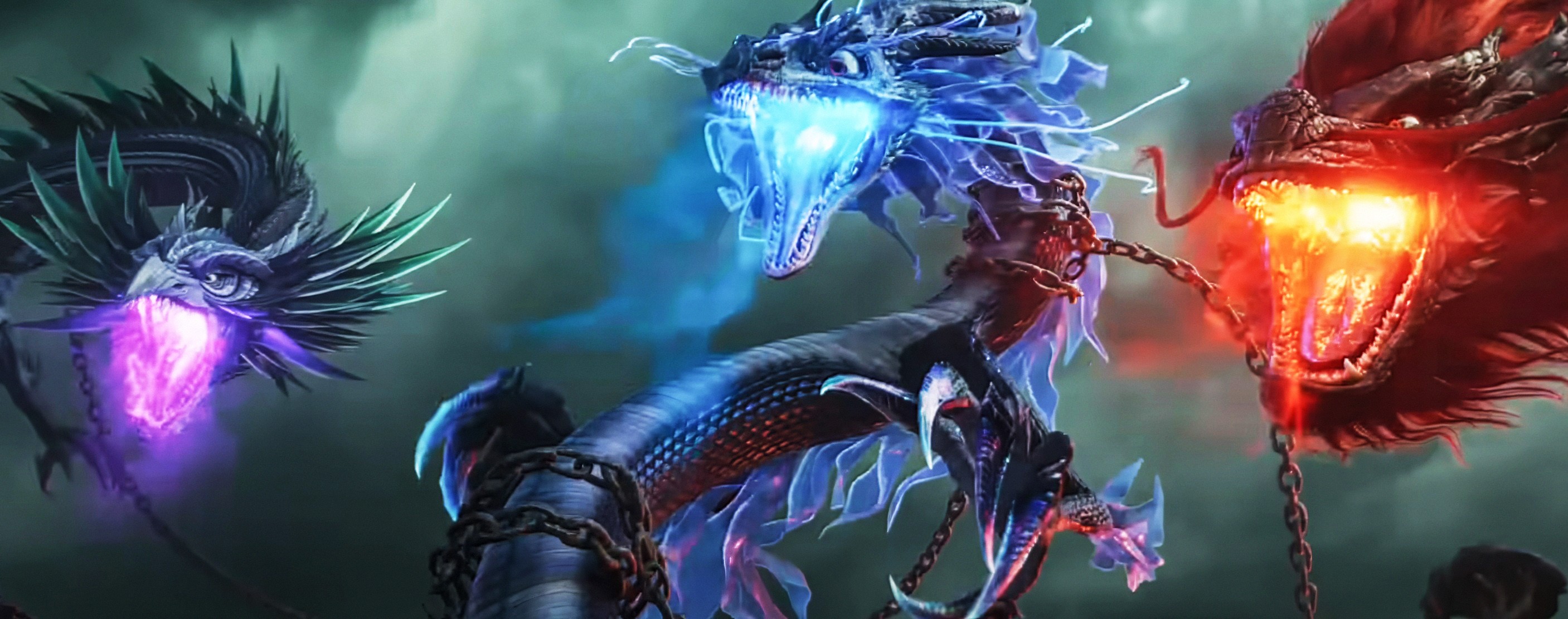 Three black Chinese dragons wrapped in chains open their mouths, prepared to blast energy — one violet, one blue, and one fire-red — in Ne Zha 2