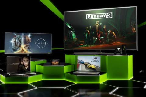 Nvidia’s GeForce Now service shown running on multiple devices, including a TV, computer monitor, laptop, and phone. various games are shown on the screens, including Payday 3, Forza Motorsport, Starfield, and others.