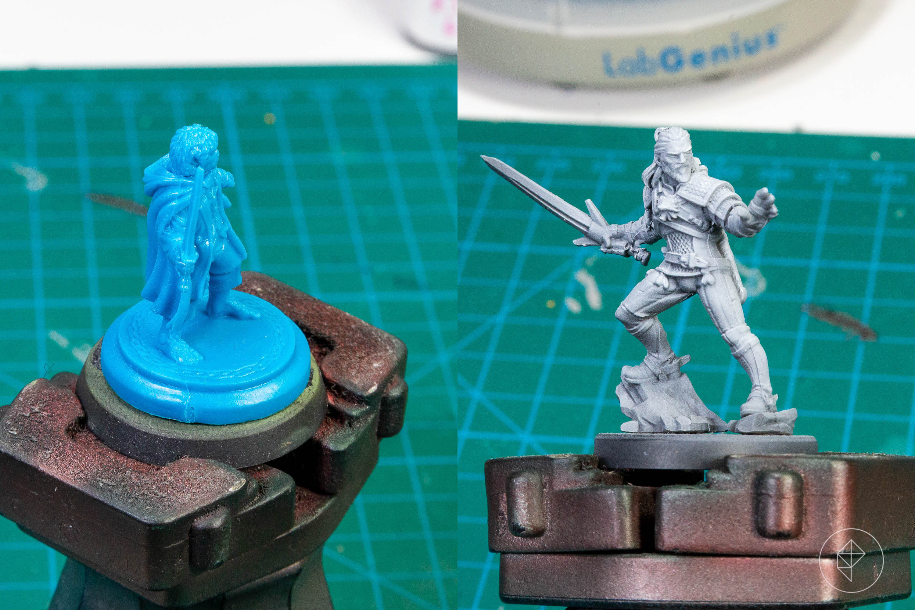 Mold lines on two different miniatures, both in need of removal. One is primed. Mold lines on two different miniatures, both in need of removal. One is primed.