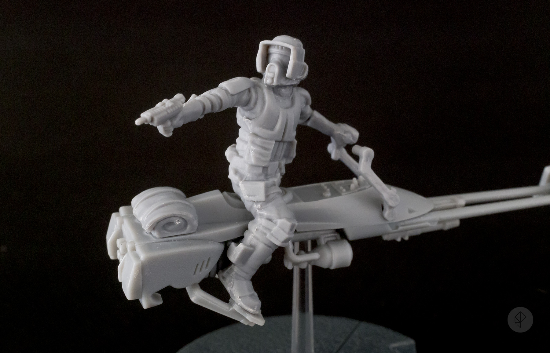 Star Wars: Legion - close-up of scout trooper commander aboard a speeder bike