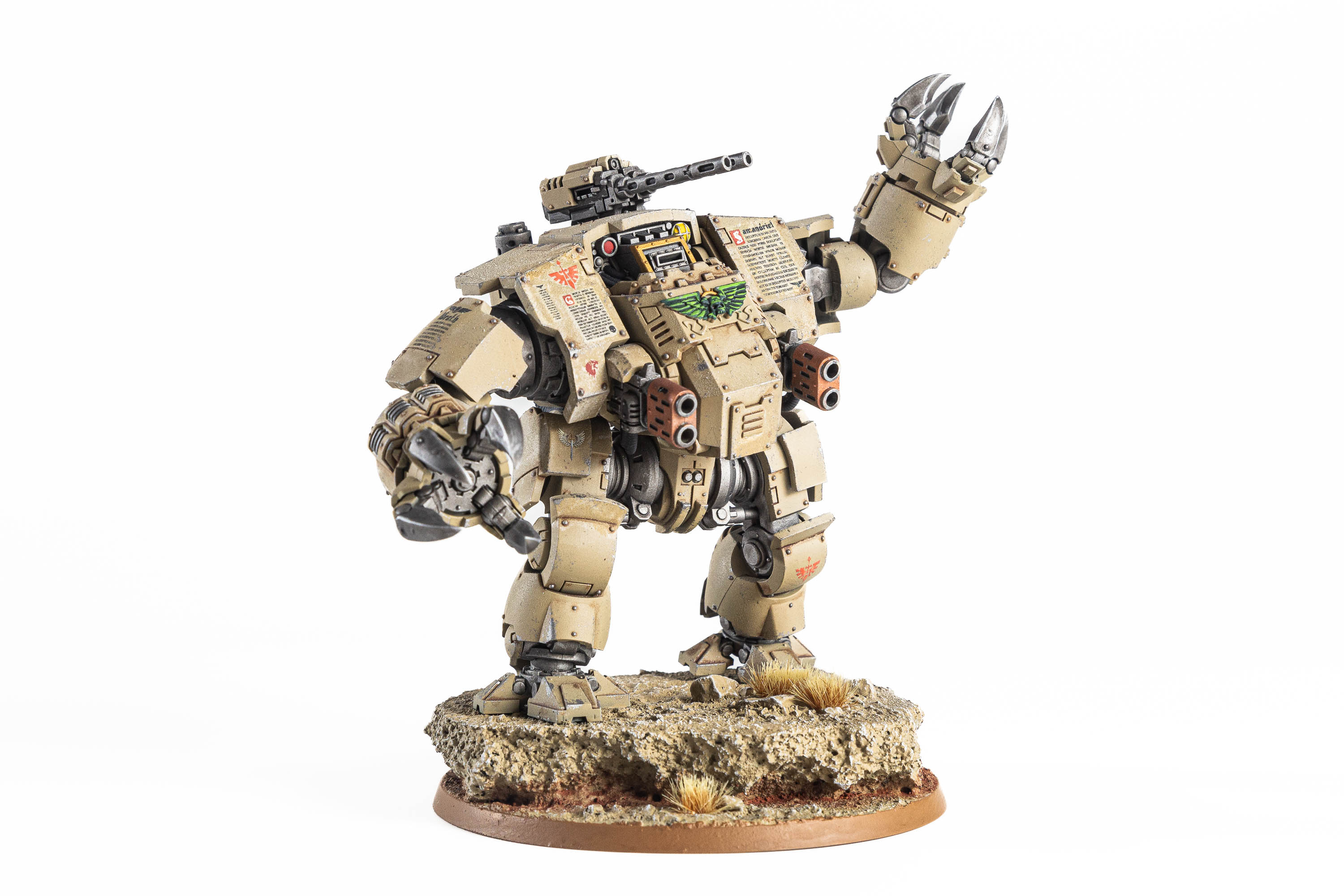 A Brutalis Dreadnought painted in the bone-colored armor of the Dark Angels Deathwing. A Brutalis Dreadnought painted in the bone-colored armor of the Dark Angels Deathwing.