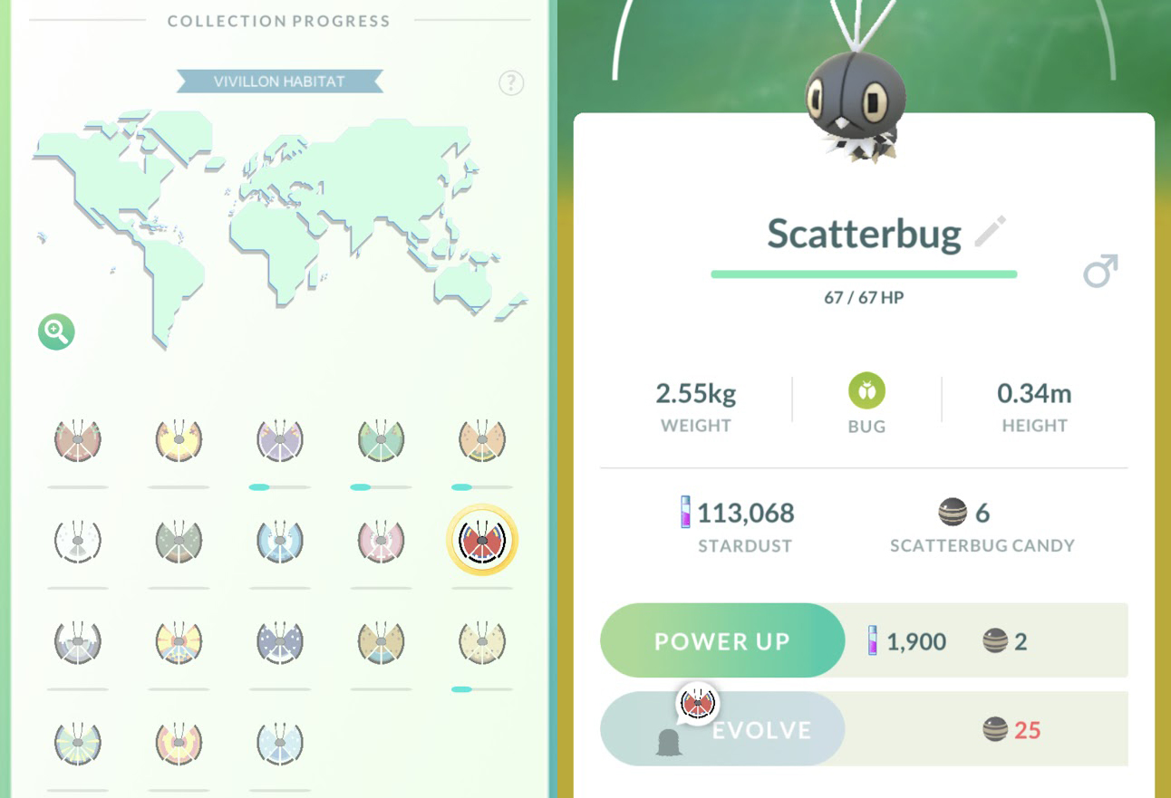 Two menus in Pokémon Go, showing the Vivillon medal screen and Scatterbug’s information screen Two menus in Pokémon Go, showing the Vivillon medal screen and Scatterbug’s information screen