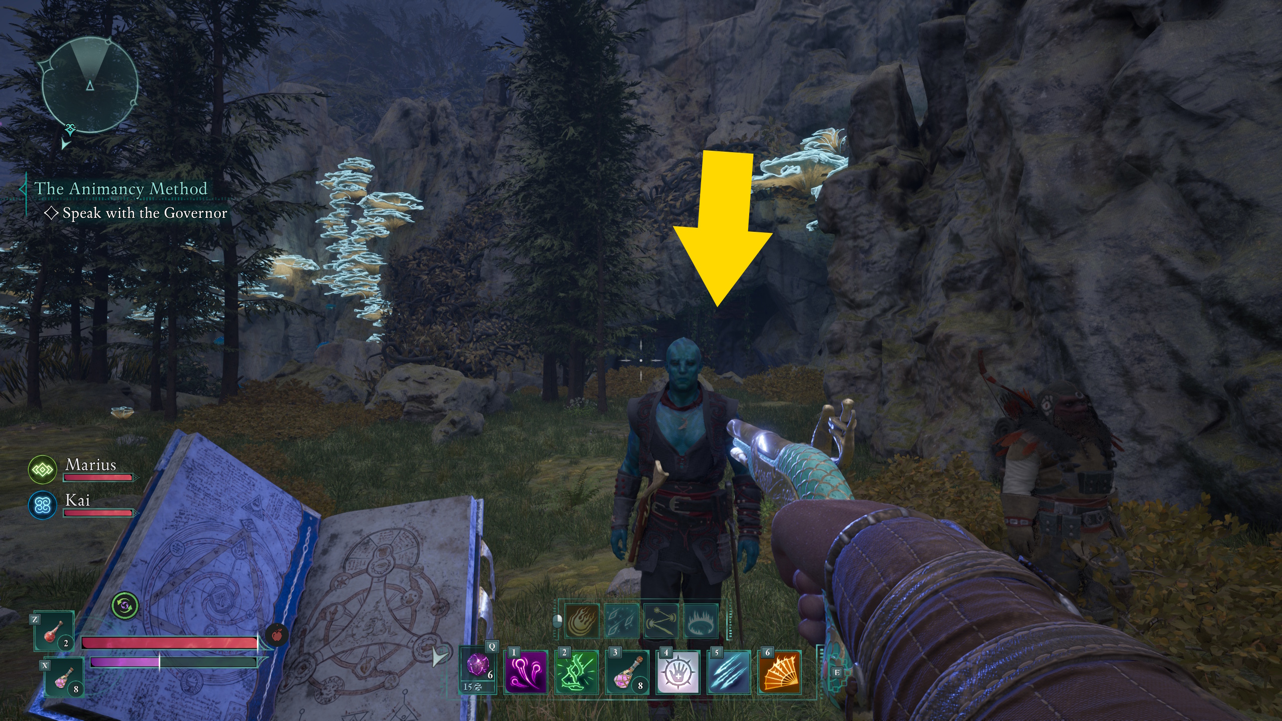 The main character of Avowed walks toward the Practical Pockets treasure map solution in Emerald Stair