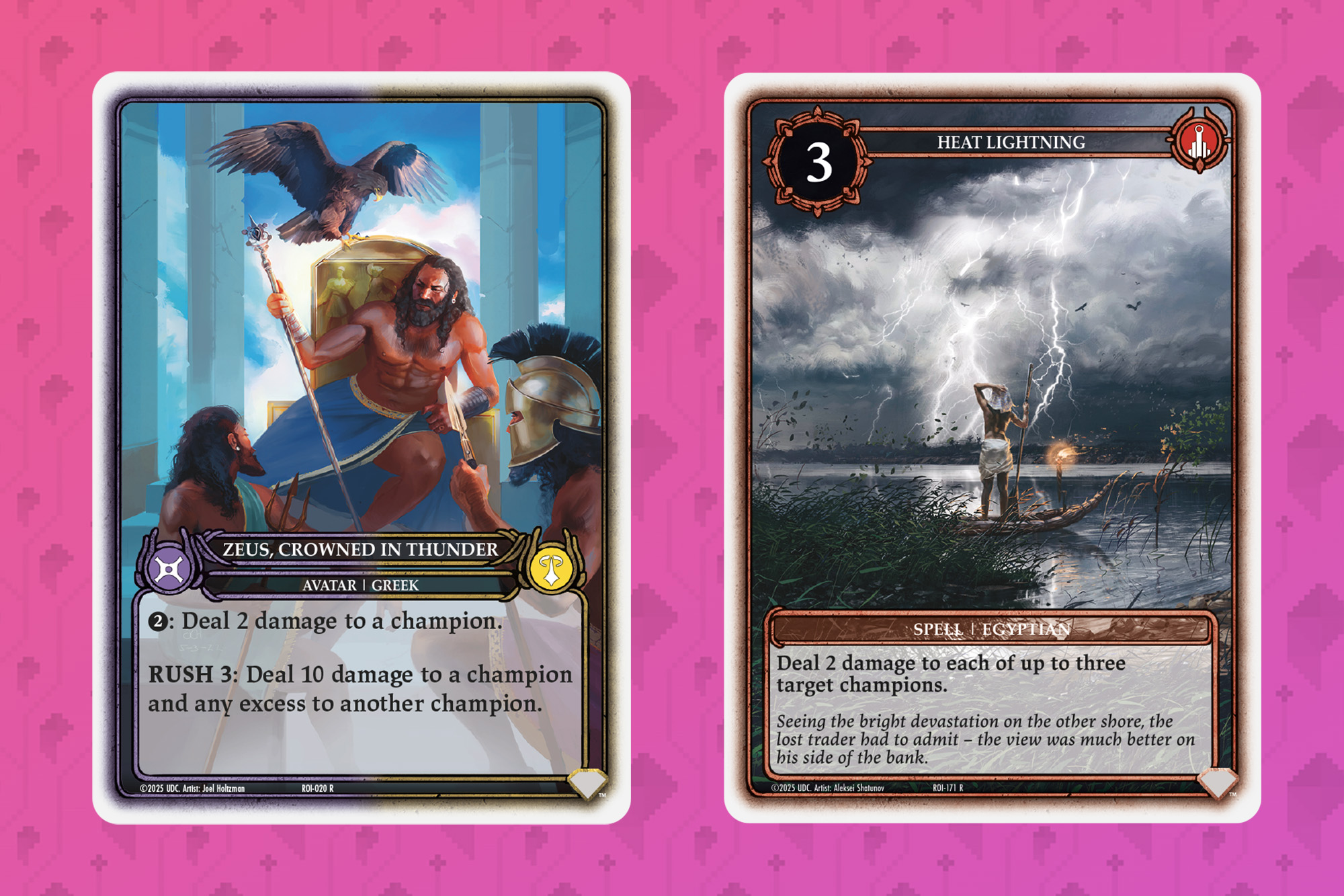 Zeus, Crowned in Thunder, and the Heat Lightning spell cards.