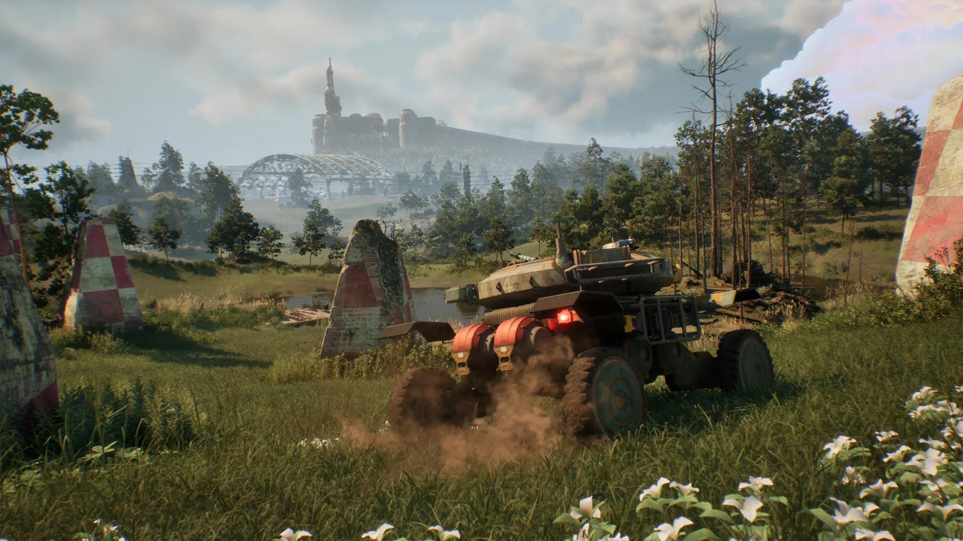 A tank driving across the picturesque knolls of an wartorn countryside in TankHead.
