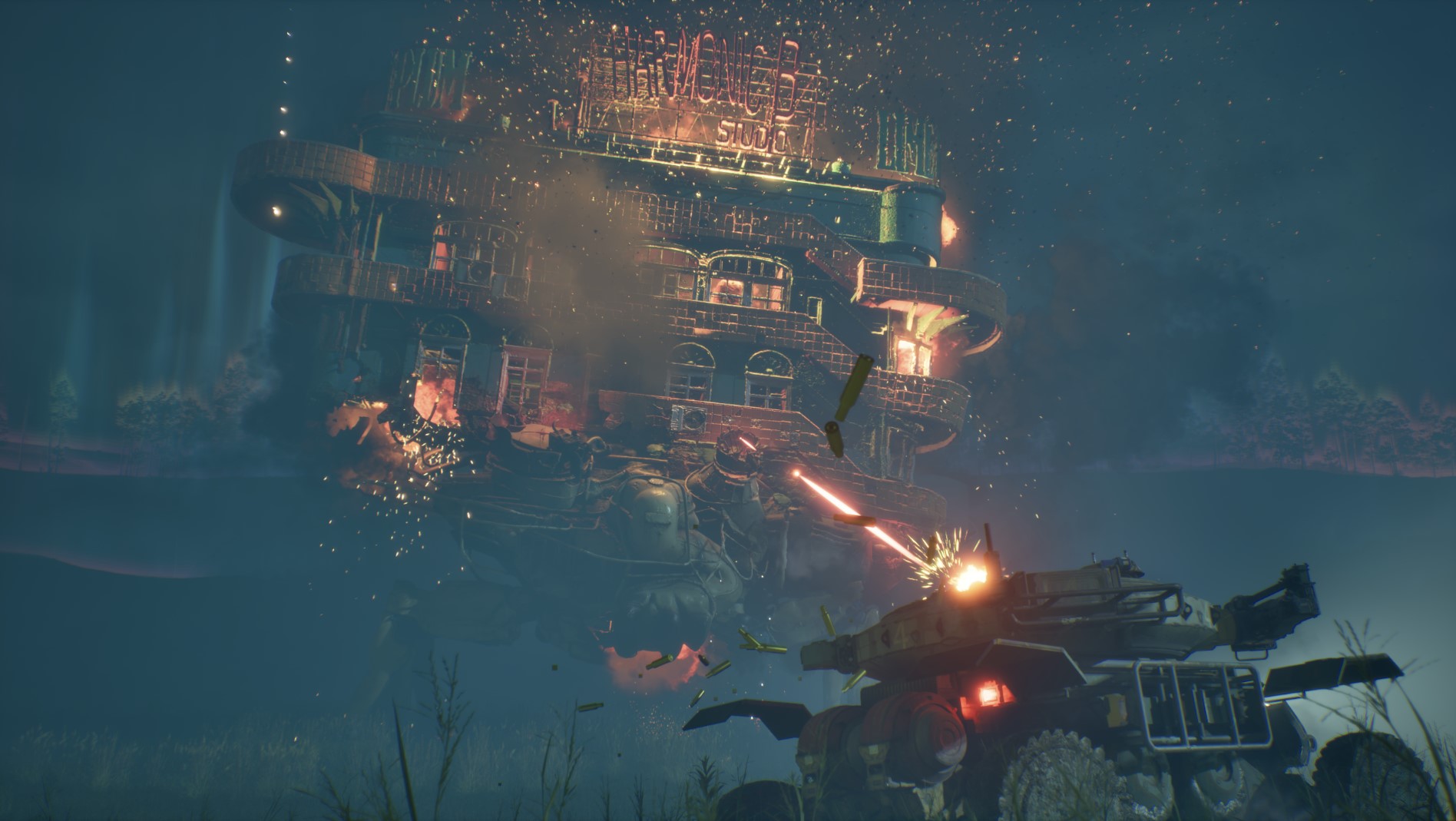 A tank firing at a gigantic building-shaped creature on fire in TankHead.