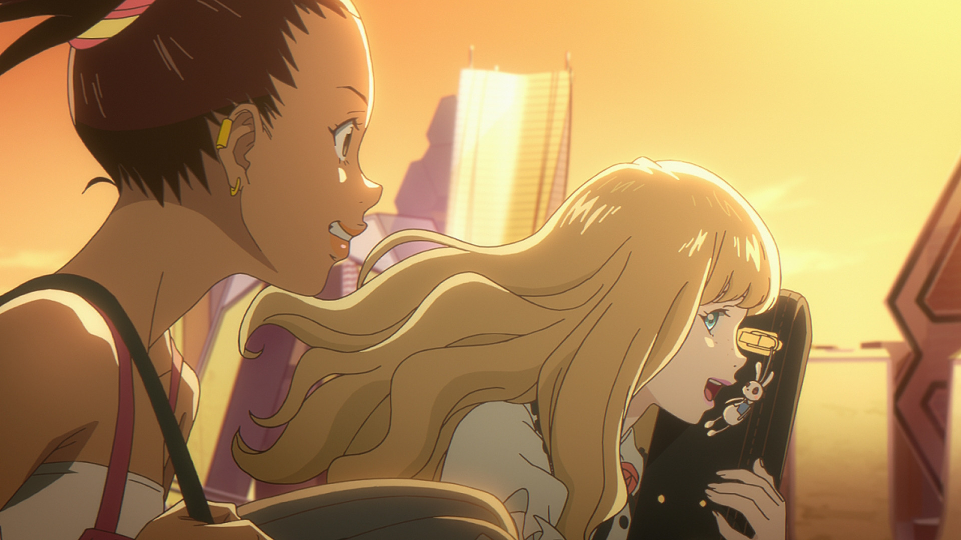 Two girls running side by side and smiling in Carole and Tuesday. Two girls running side by side and smiling in Carole and Tuesday.