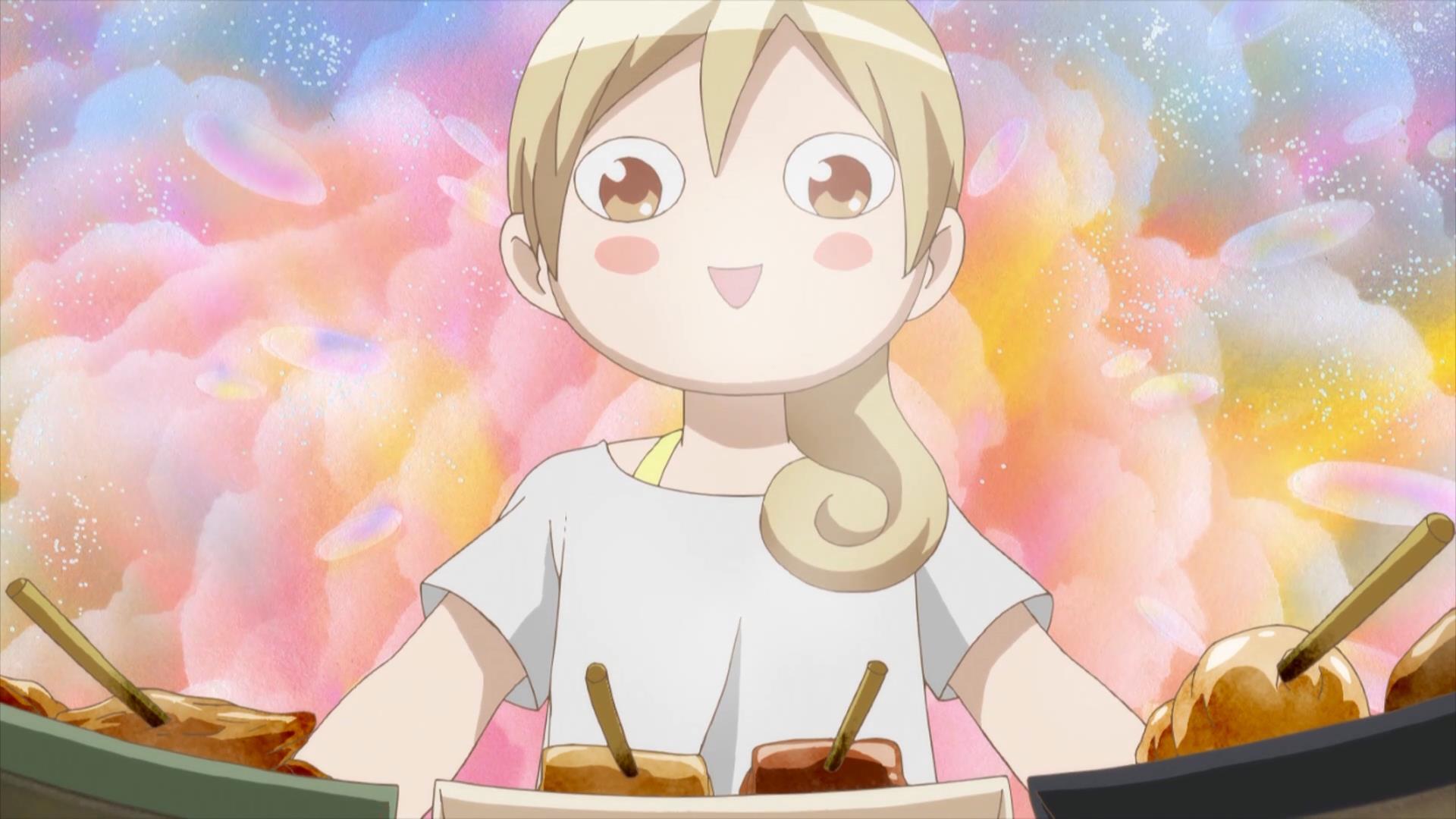 Wakako, a blonde anime girl, looks upon plates of yakitori with a goofy, wide-eyed expression on her face Wakako, a blonde anime girl, looks upon plates of yakitori with a goofy, wide-eyed expression on her face