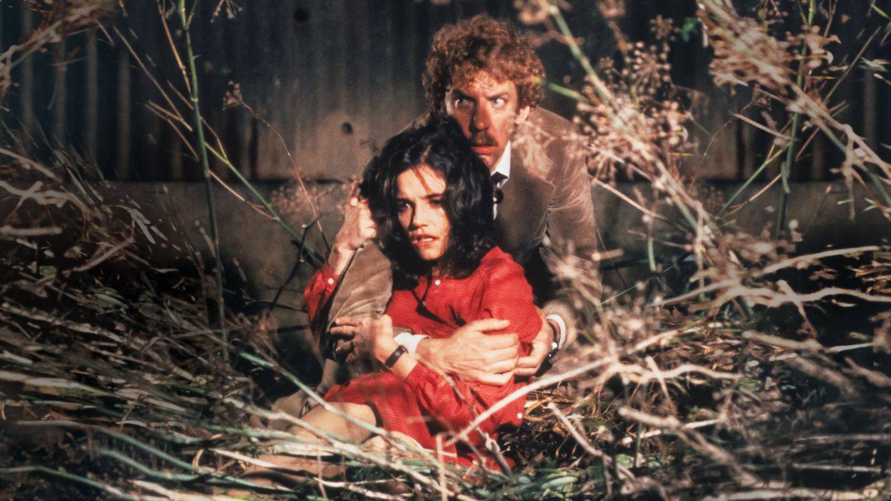 A woman in a red dress being held by a man in a brown coat staring in horror at something offscreen in a thicket of bushes in Invasion of the Body Snatchers. A woman in a red dress being held by a man in a brown coat staring in horror at something offscreen in a thicket of bushes in Invasion of the Body Snatchers.