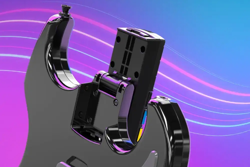 A stock image of the PDP Riffmaster Guitar Controller showing its neck folded in half A stock image of the PDP Riffmaster Guitar Controller showing its neck folded in half