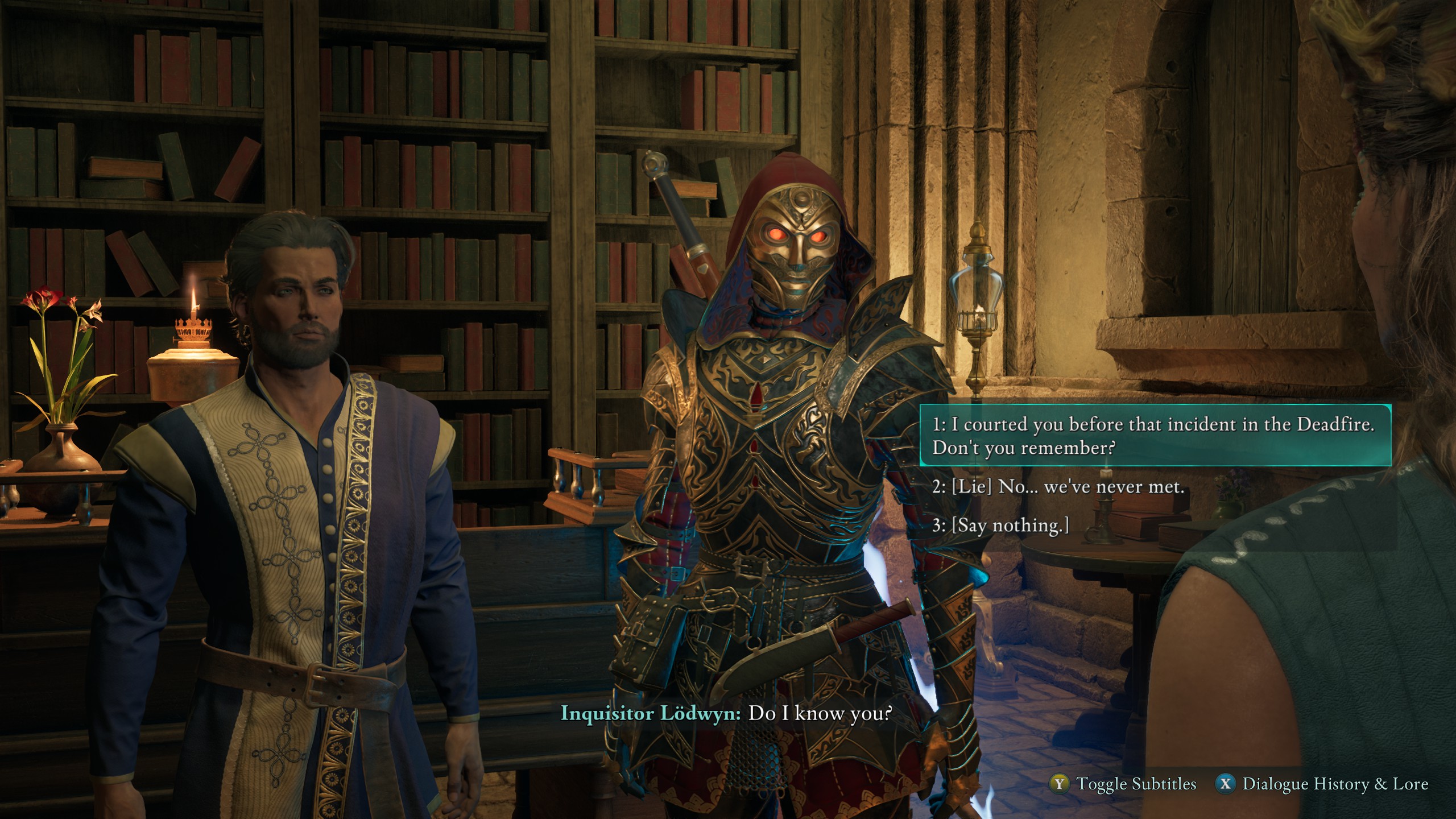 Avowed - The Envoy chooses to tell Inquisitor Lodwyn that they were once lovers.