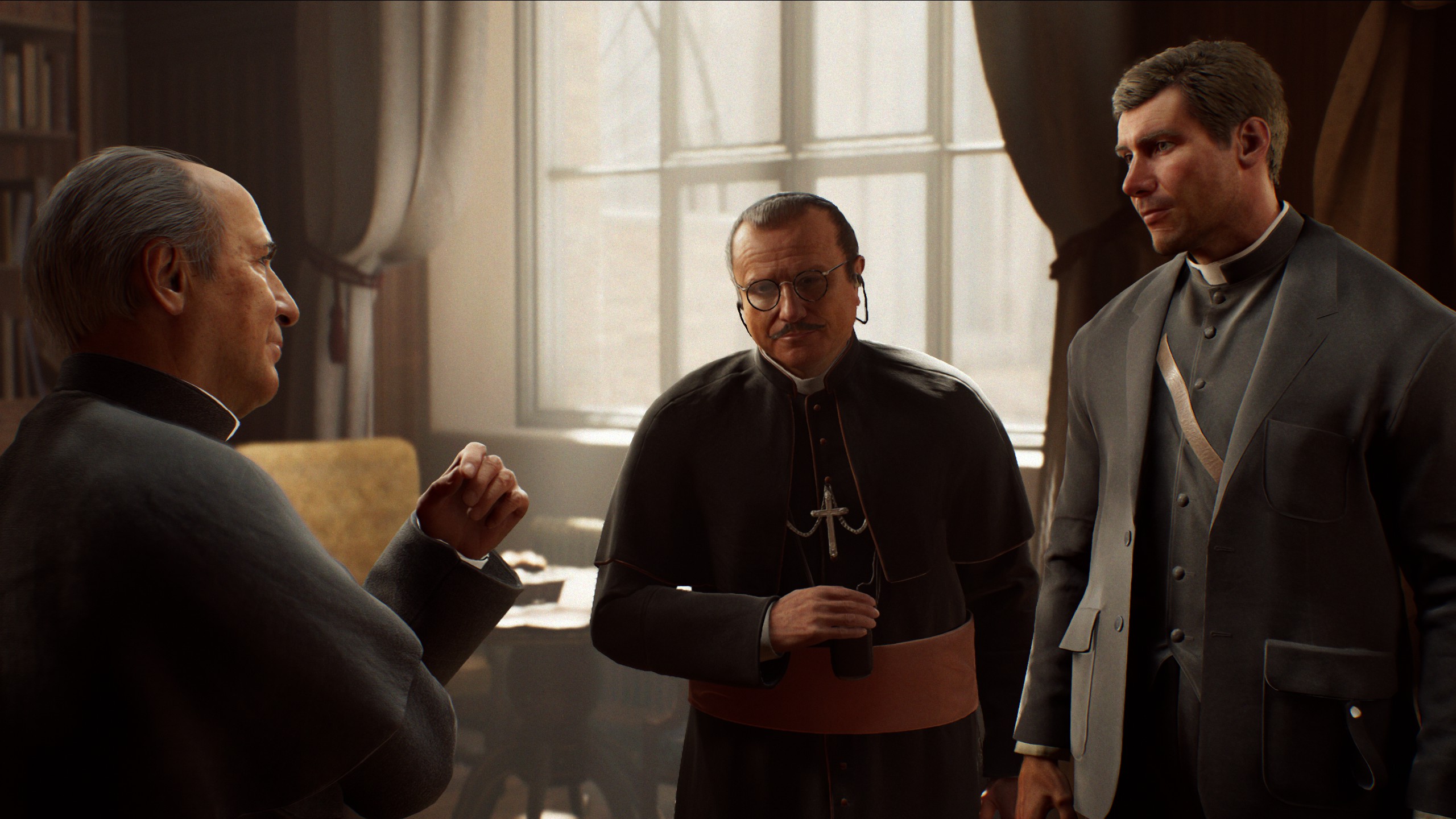 Indiana Jones in priest vestments standing next to cardinal talking to priest in The Great Circle