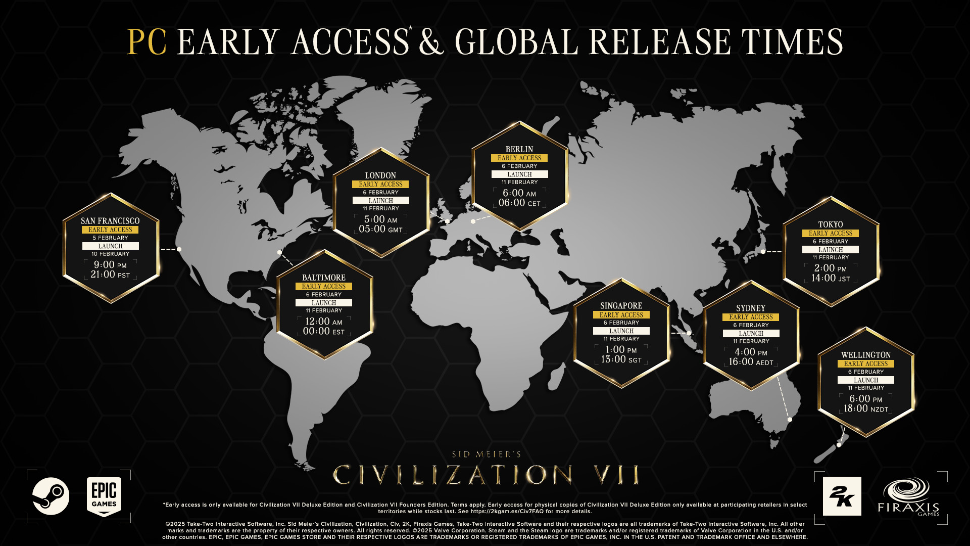 A graphic shows the PC early access release times for Civ 7 A graphic shows the PC early access release times for Civ 7
