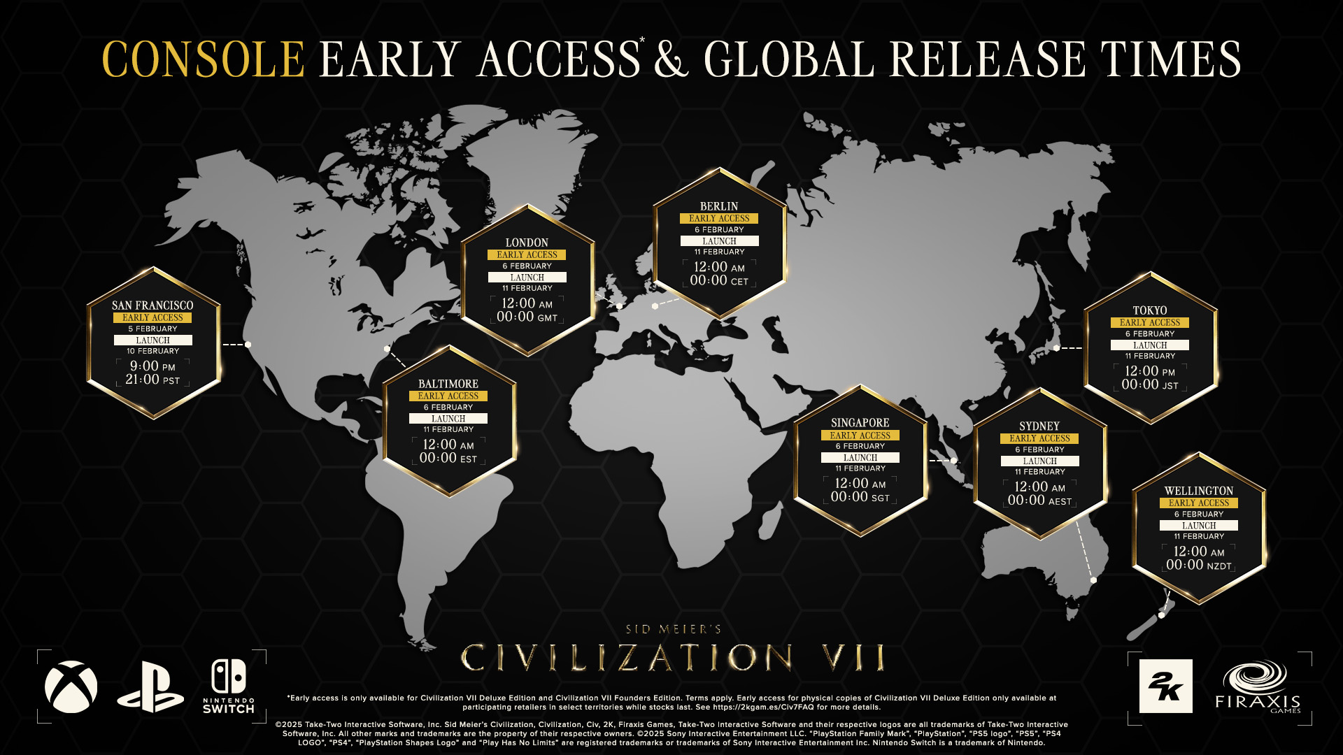 A graphic shows the Civ 7 PS5 and Xbox early access times A graphic shows the Civ 7 PS5 and Xbox early access times