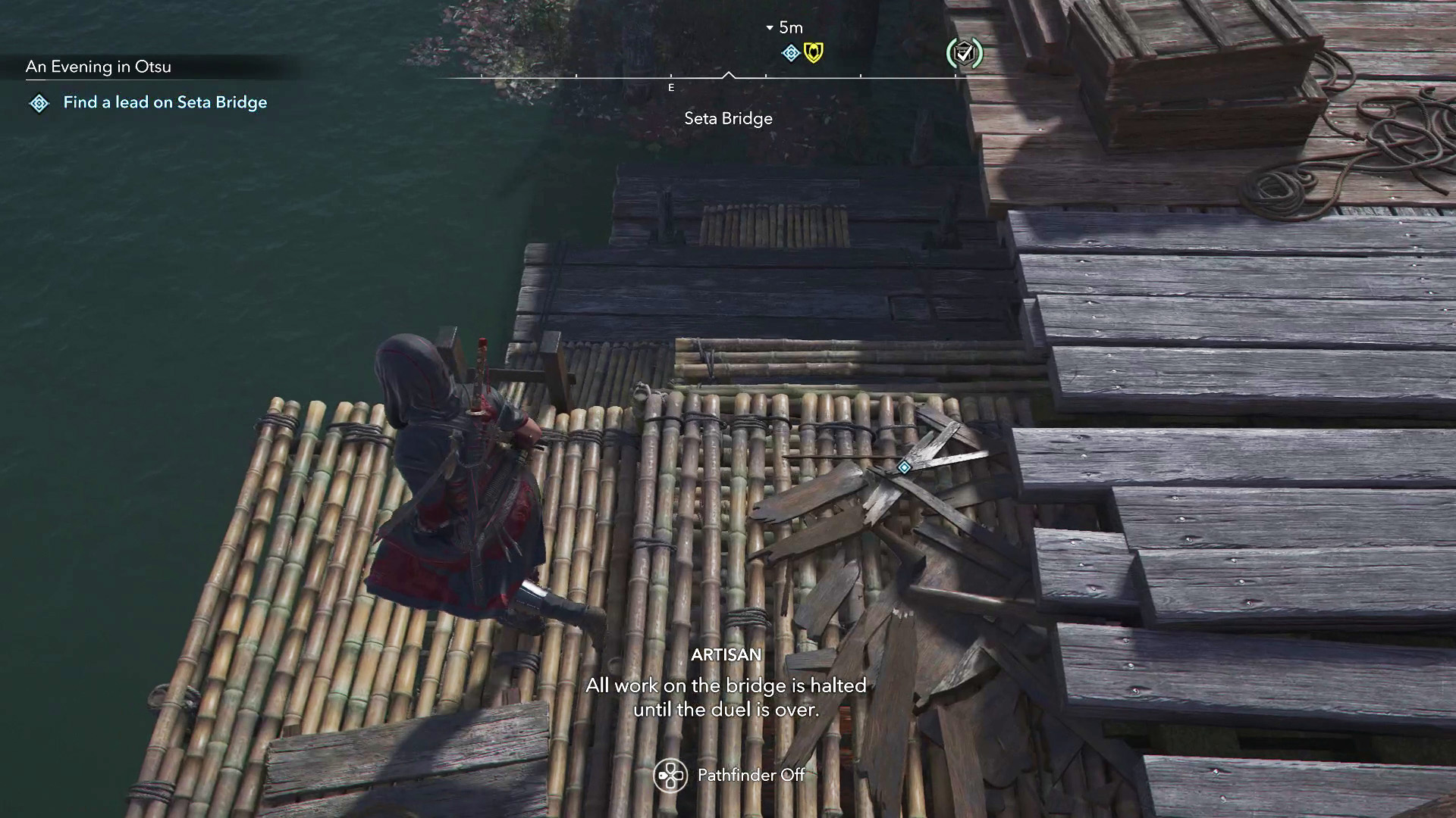 Naoe climbs down some bamboo scaffolding in Assassin’s Creed Shadows