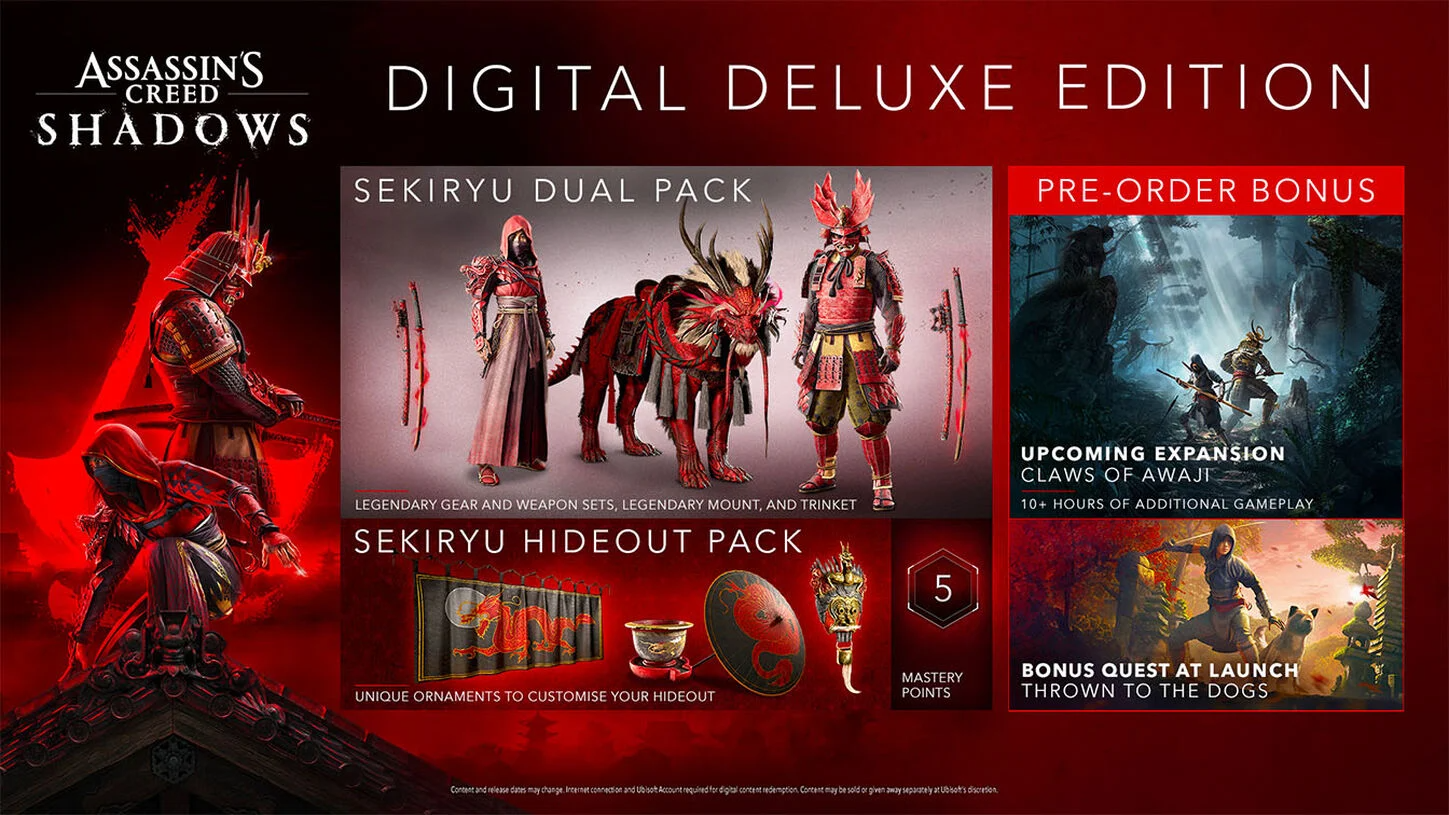 Key art displaying the in-game cosmetics and other bonuses included with the Digital Deluxe version of Assassin’s Creed Shadows