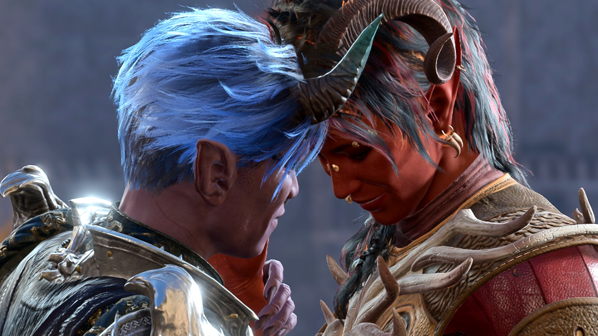 Karlach and Tav in Baldur's Gate 3 share a tender moment, tieflings of opposing colours in a hazy city-scape.