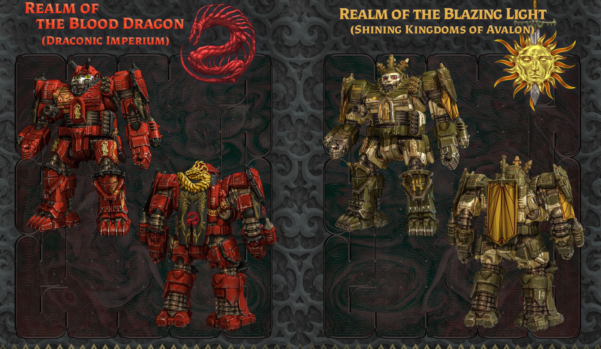 Shots of two mechs, one called “Realm of The Blood Dragon” and one from “Realm of the Blazing Light” Shots of two mechs, one called “Realm of The Blood Dragon” and one from “Realm of the Blazing Light”