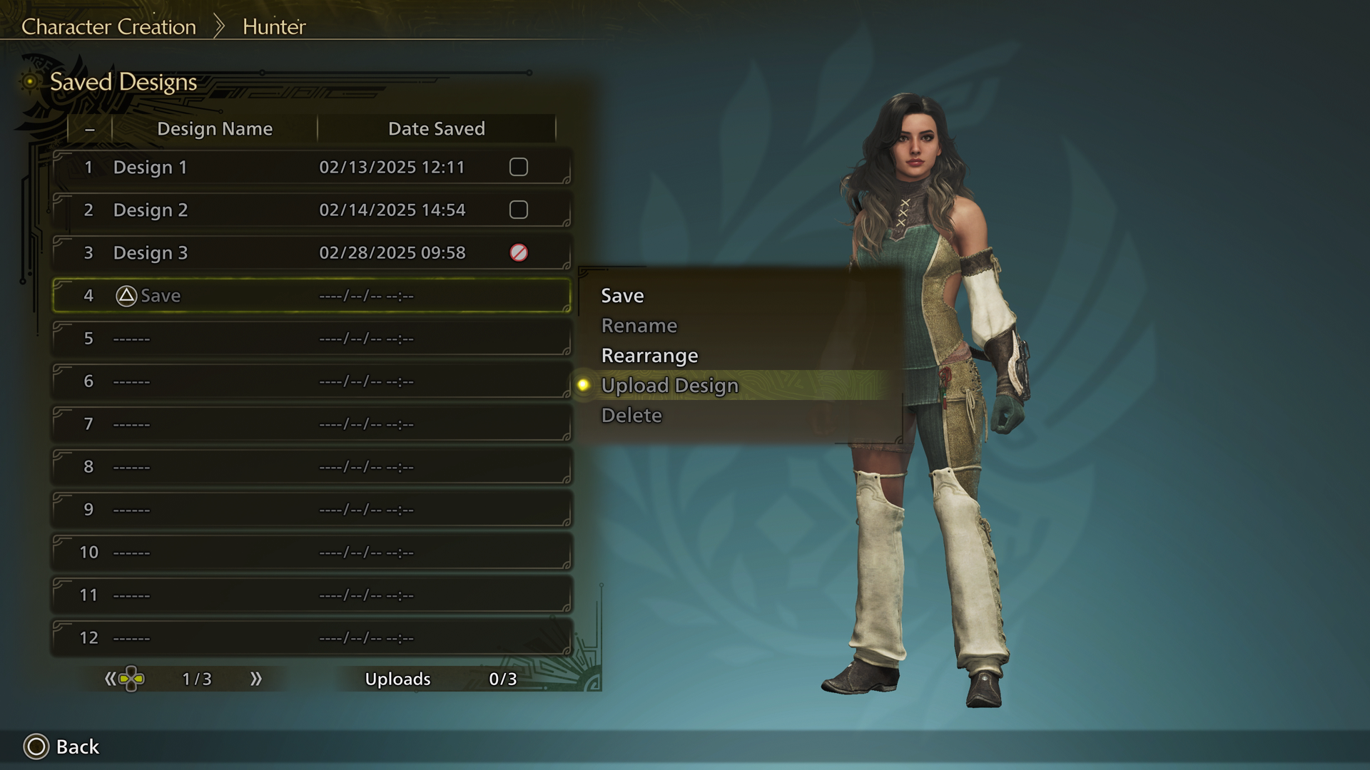 An image showing the menu to save and share your designs in Monster Hunter Wilds. An image showing the menu to save and share your designs in Monster Hunter Wilds.