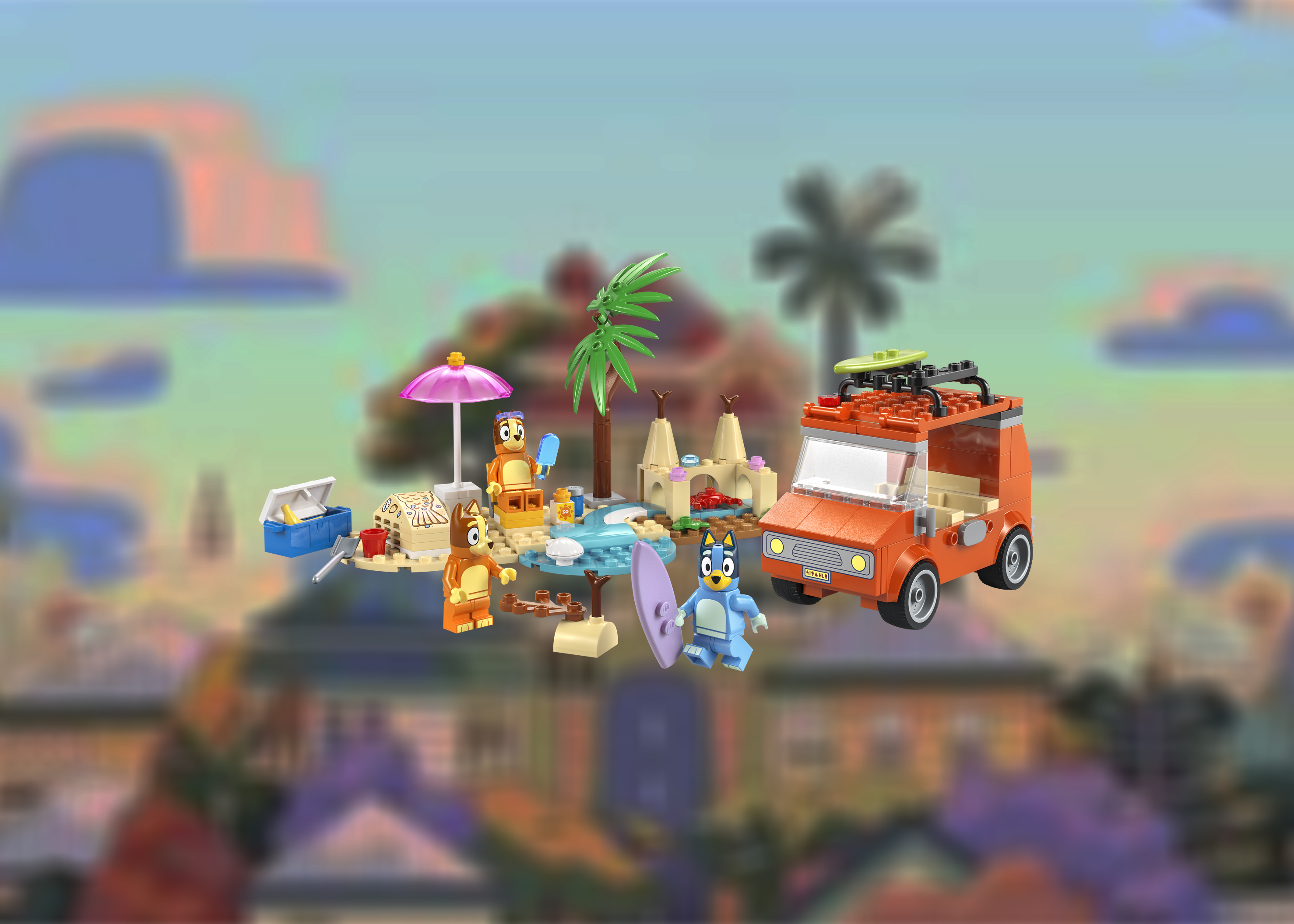A promotional photo of the Bluey’s Beach & Family Car Trip Lego set fully assembled A promotional photo of the Bluey’s Beach & Family Car Trip Lego set fully assembled