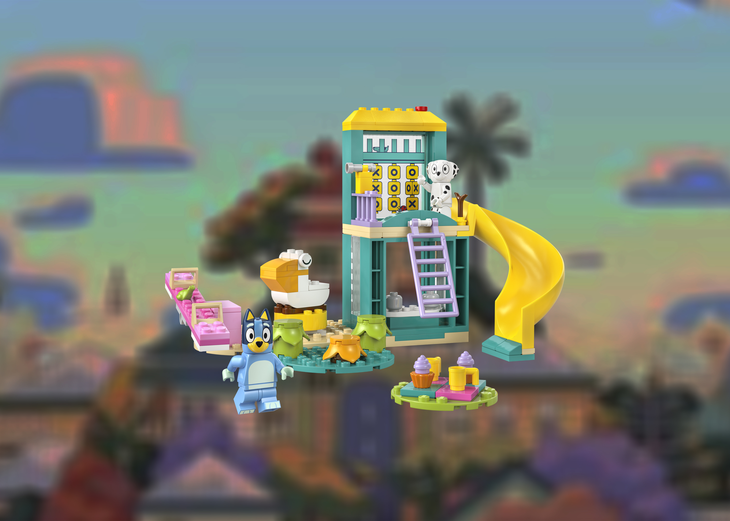 A promotional photo of the Bluey Playground Fun Lego set fully assembled A promotional photo of the Bluey Playground Fun Lego set fully assembled
