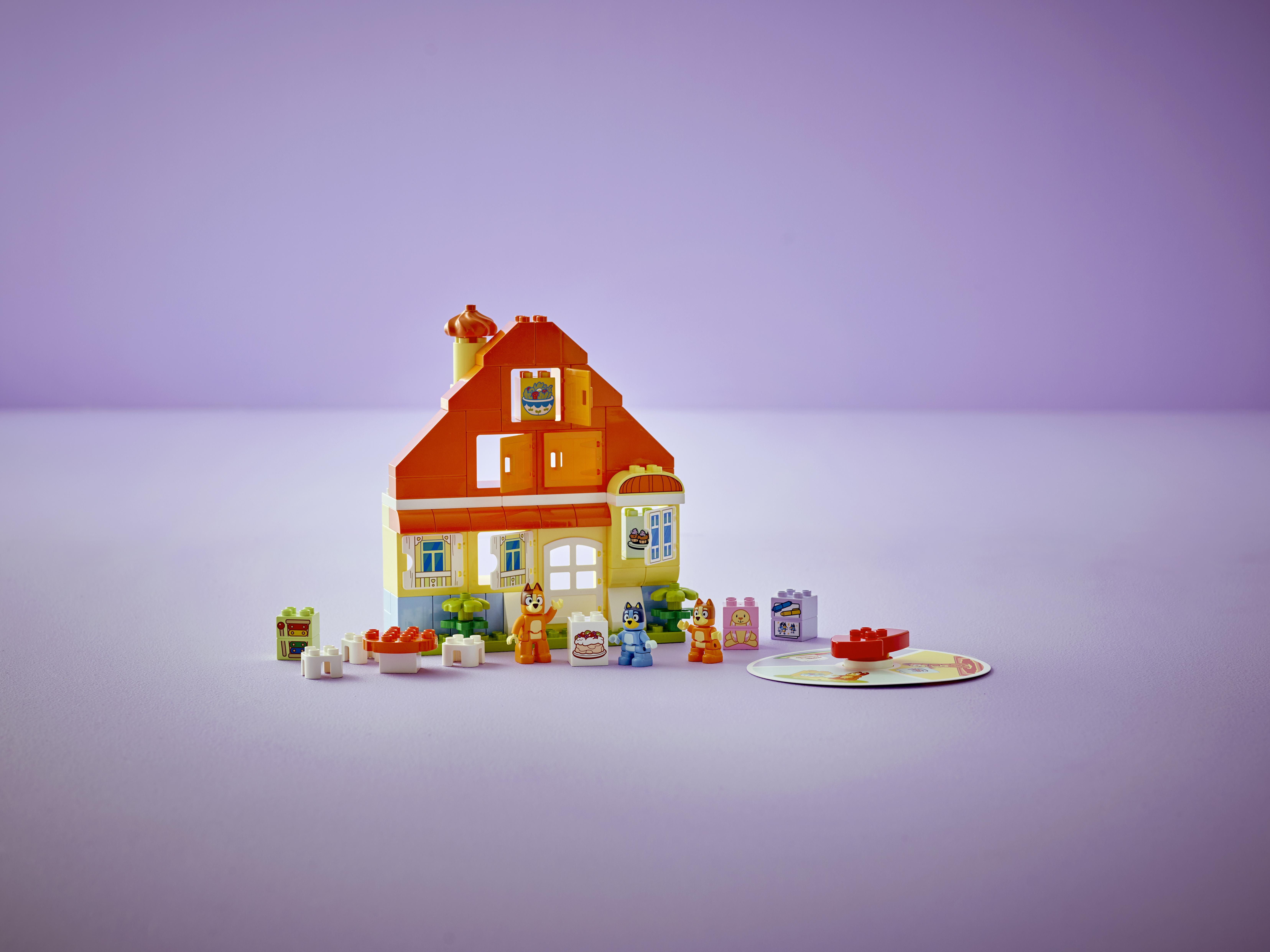 A promotional photo of the Bluey’s Family House with Memory Game Lego set fully assembled A promotional photo of the Bluey’s Family House with Memory Game Lego set fully assembled