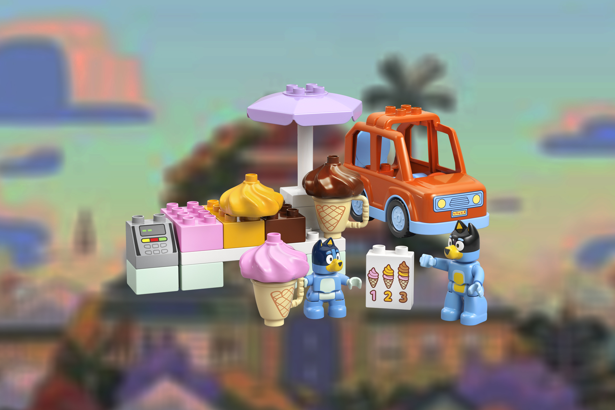 A promotional photo of the Bluey Ice Cream Trip Lego set fully assembled A promotional photo of the Bluey Ice Cream Trip Lego set fully assembled