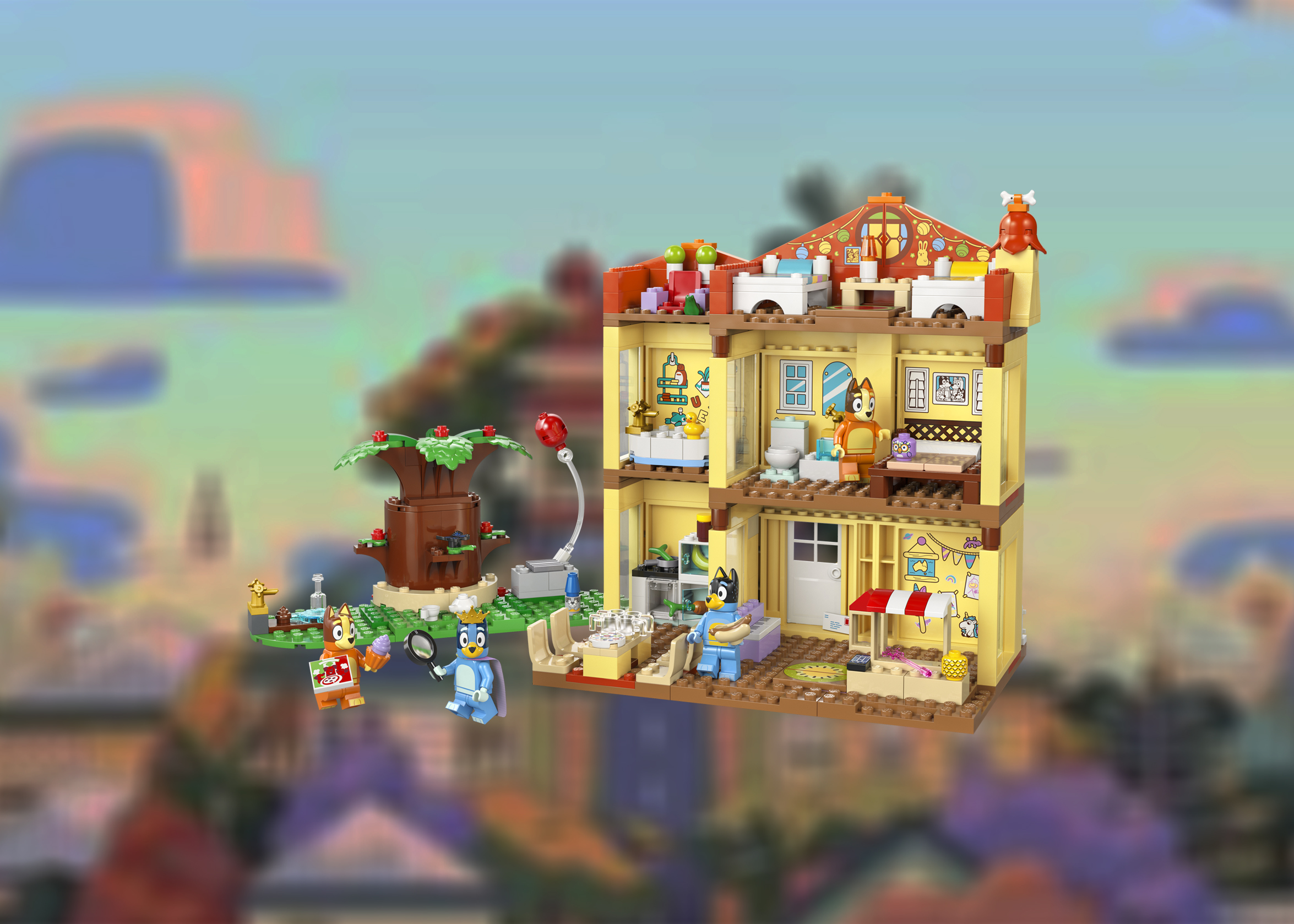 A promotional photo of the Bluey’s Family House Lego set fully assembled A promotional photo of the Bluey’s Family House Lego set fully assembled