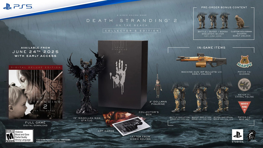An image showing what’s included in the Death Stranding 2: On the Beach collector’s edition. You’ll get two days of early access to the game. Aside from the full-game download, you’ll get all of the digital items mentioned above, plus a collector’s box containing a 15-inch Magellan Man statue, a 3-inch Dollman figurine, art cards, plus a letter from Hideo Kojima.