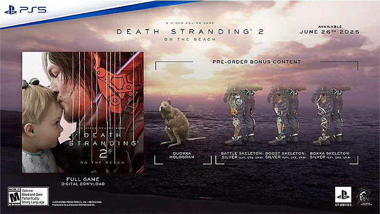 An image showing what’s included with the standard edition of Death Stranding 2: On the Beach. You’ll get three silver-tier skeletons that can be equipped to make toting gear easier (especially in the early game), plus a custom hologram of a Quokka creature.