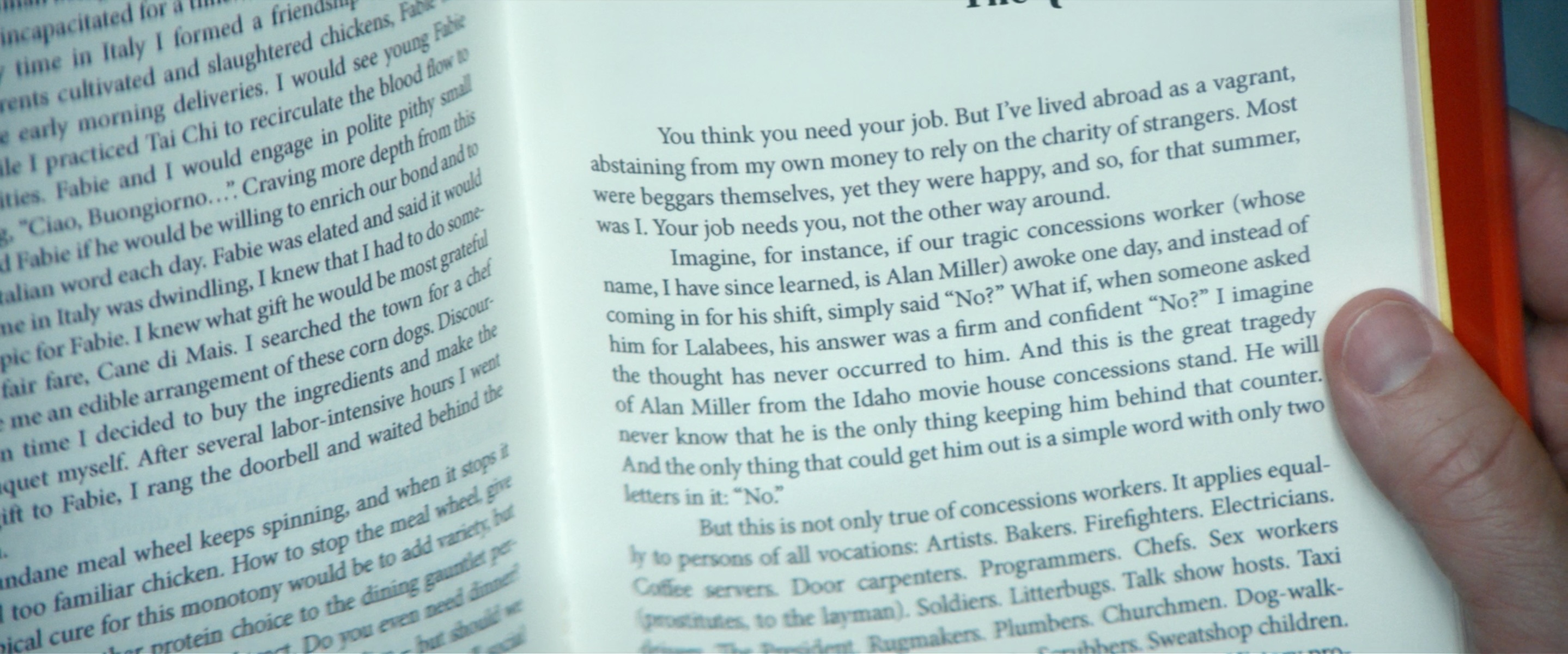 The last page of chapter 8 and the first page of chapter 9 of The You You Are as it appears in season 1 of Severance. The page on the left discusses tai chi, Italy, a chicken meal, and someone named Fabie. The last page of chapter 8 and the first page of chapter 9 of The You You Are as it appears in season 1 of Severance. The page on the left discusses tai chi, Italy, a chicken meal, and someone named Fabie.