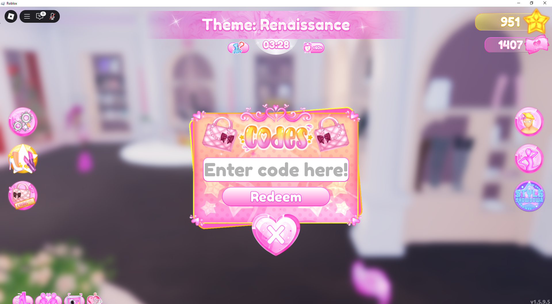 An image showing the popup window for the codes screen in Dress to Impress. An image showing the popup window for the codes screen in Dress to Impress.