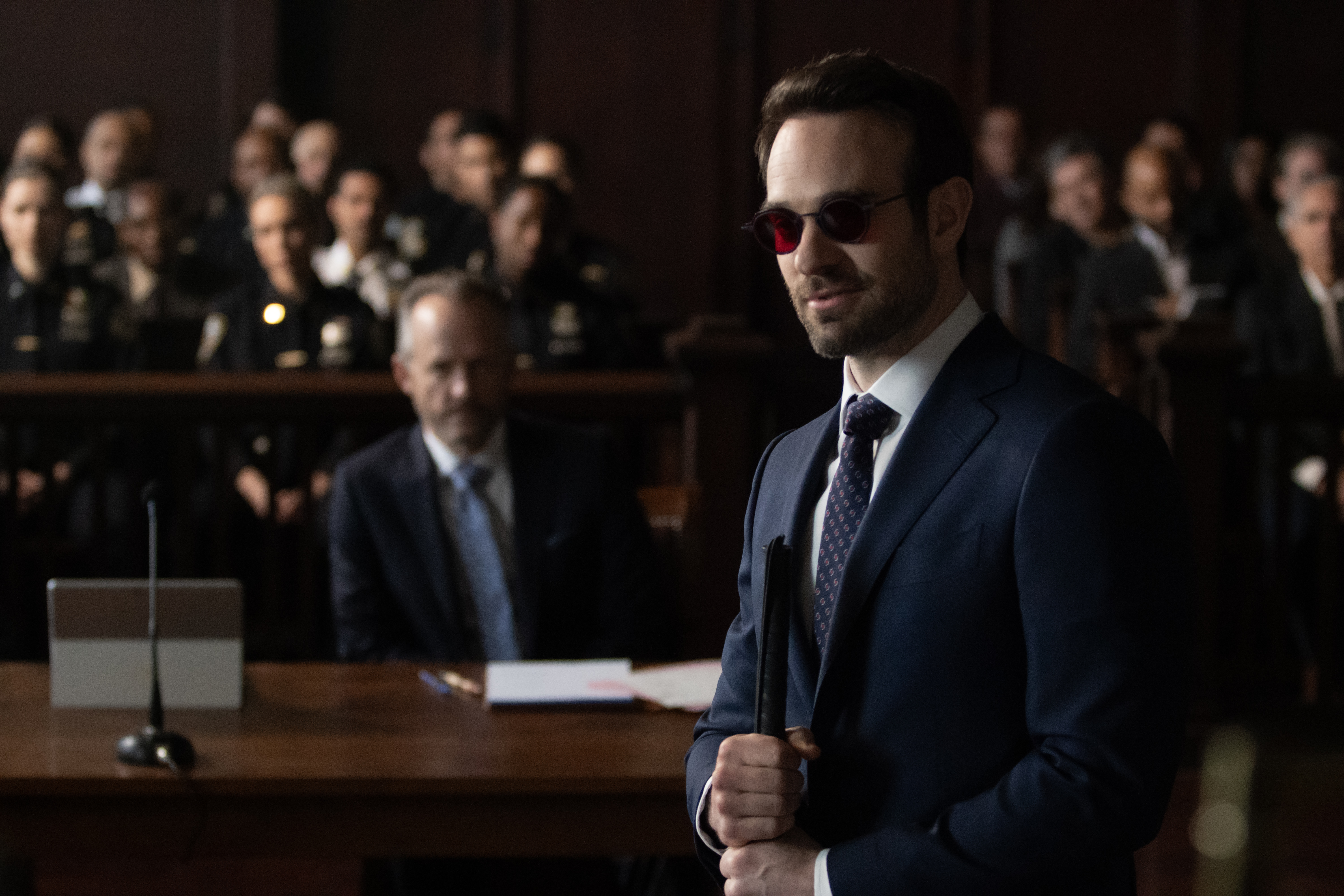Matt Murdock (Charlie Cox) in court in a still from Daredevil: Born Again Matt Murdock (Charlie Cox) in court in a still from Daredevil: Born Again