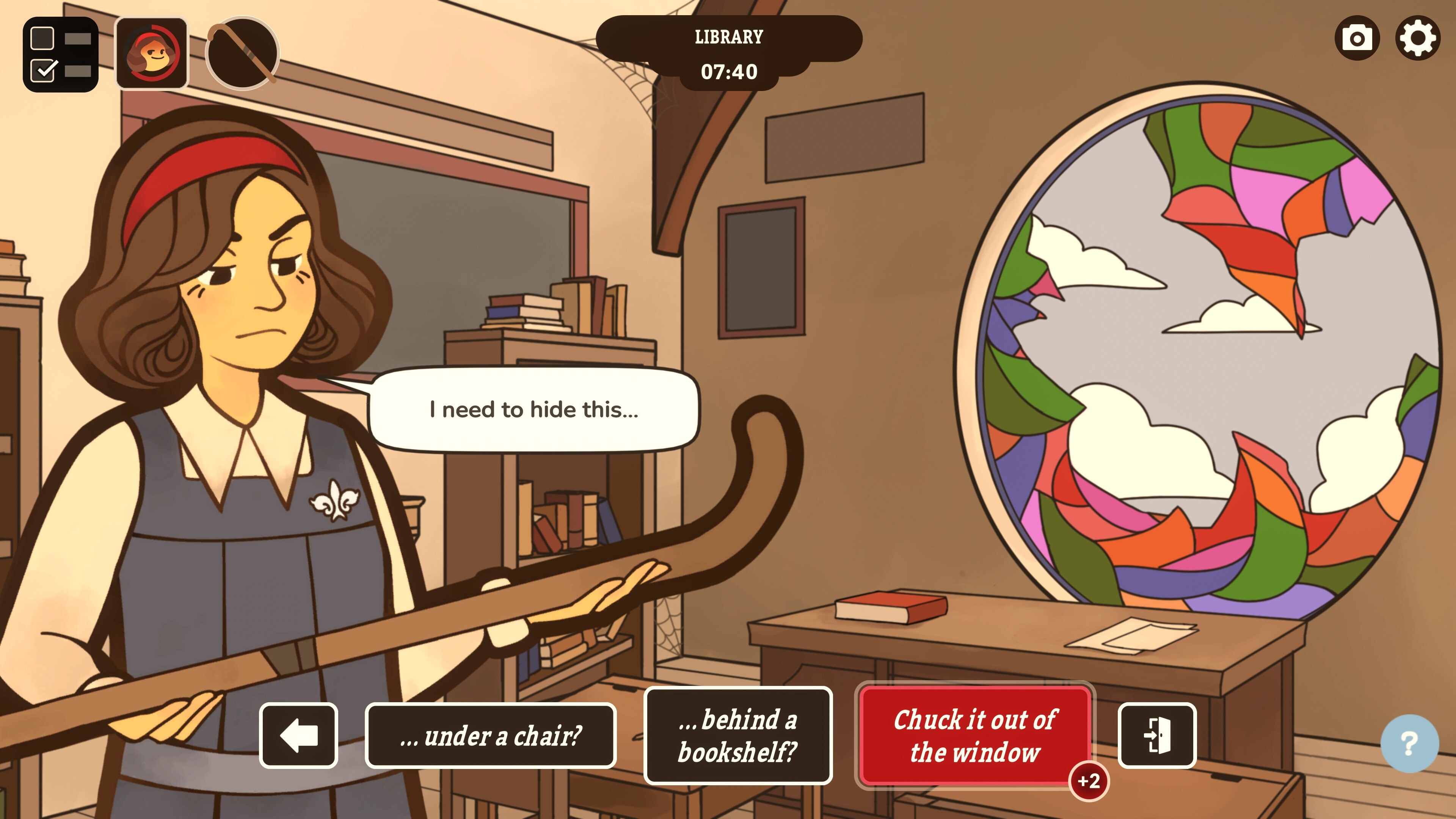 Verity Amersham holds a hockey stick in her hands, saying “I need to hide this…” with the options “under a chair?” “Behind a bookshelf?” or “Chuck it out of the window” available. Verity Amersham holds a hockey stick in her hands, saying “I need to hide this…” with the options “under a chair?” “Behind a bookshelf?” or “Chuck it out of the window” available.