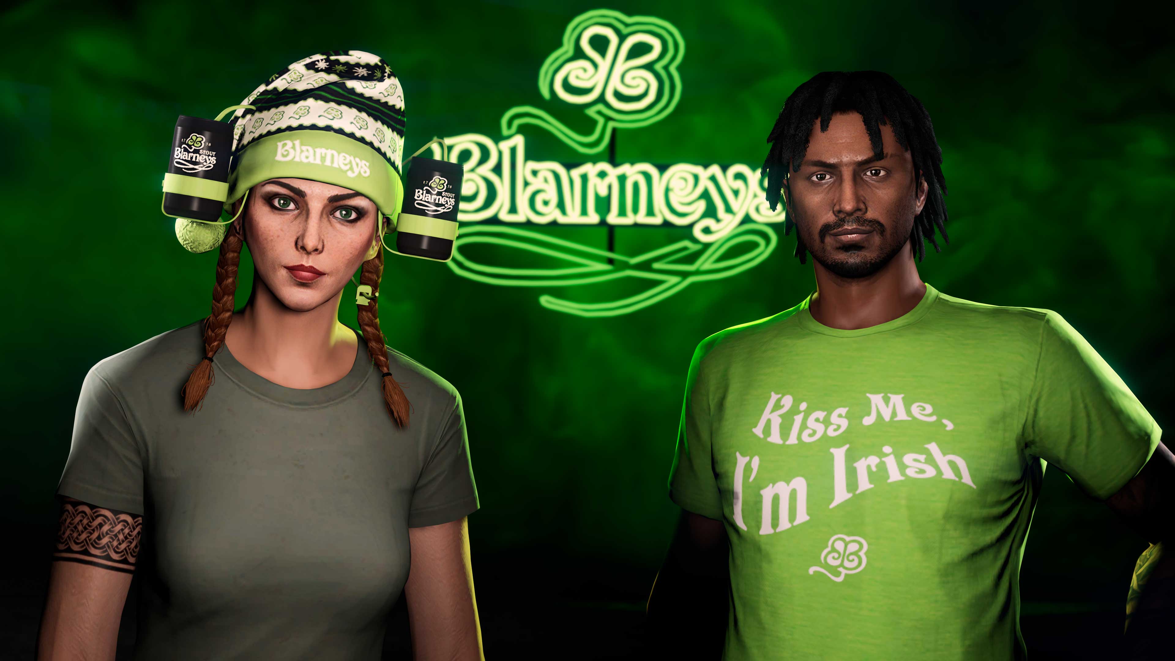 GTA Online promo art for the Blarneys Stout Tee and Festive Beer Hat GTA Online promo art for the Blarneys Stout Tee and Festive Beer Hat