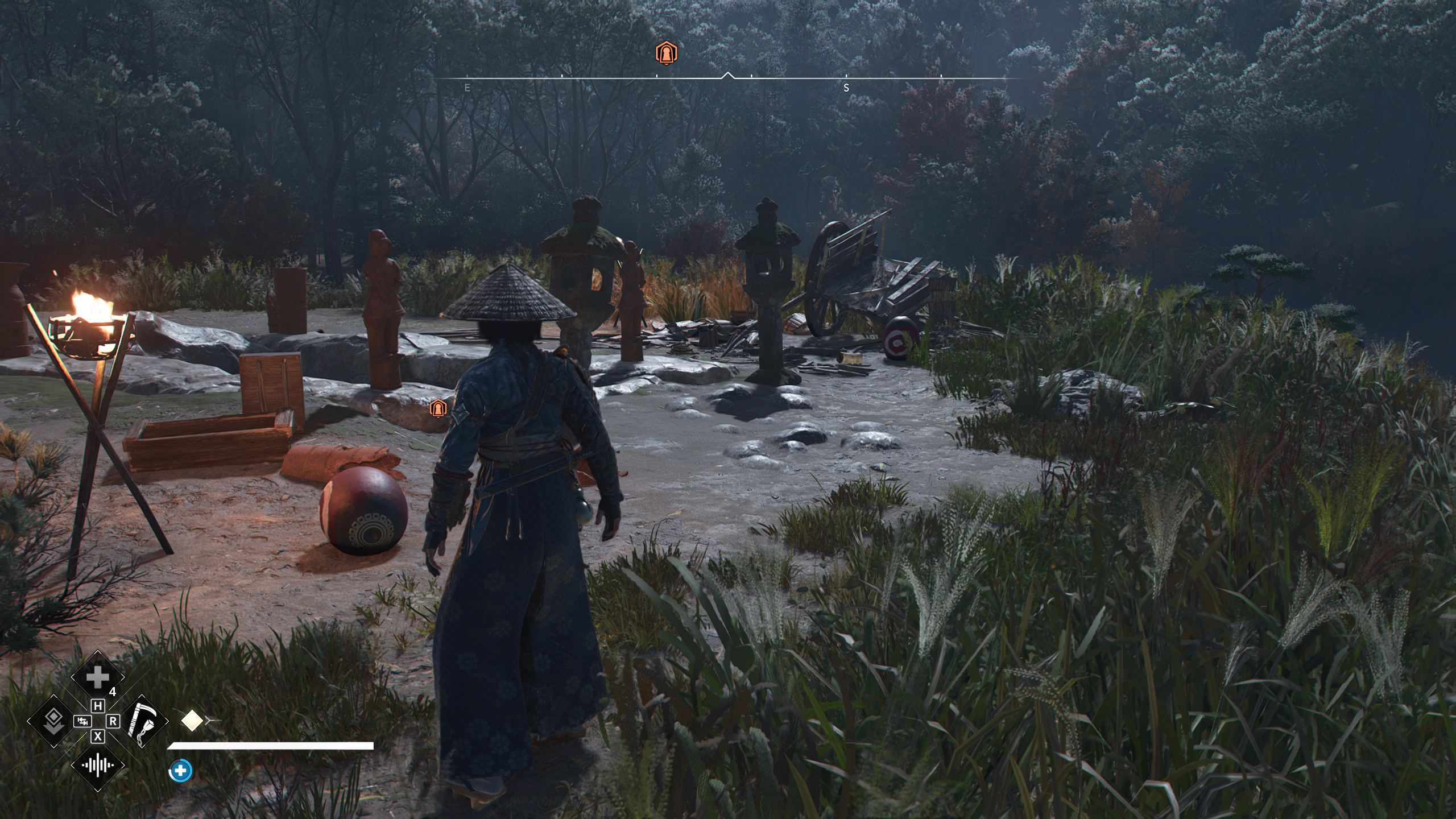 Assassin's Creed Shadows Makino Kurumazuka Kofun - The surface of the kofun showing various tools and debris.