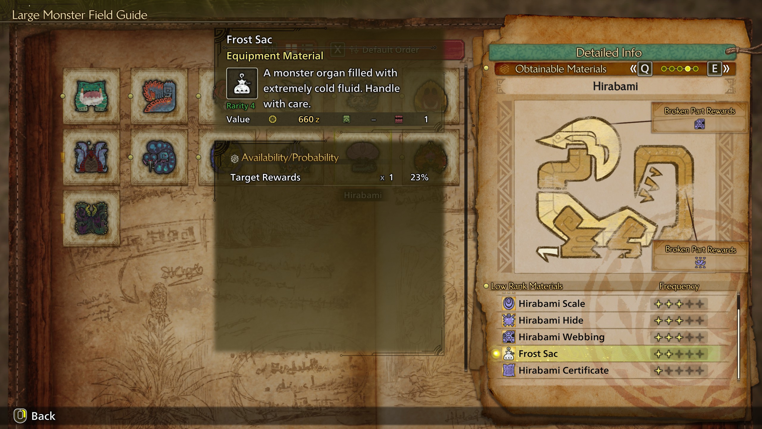 The Hirabami monster manual parts screen, with focus on the frost sac. The Hirabami monster manual parts screen, with focus on the frost sac.