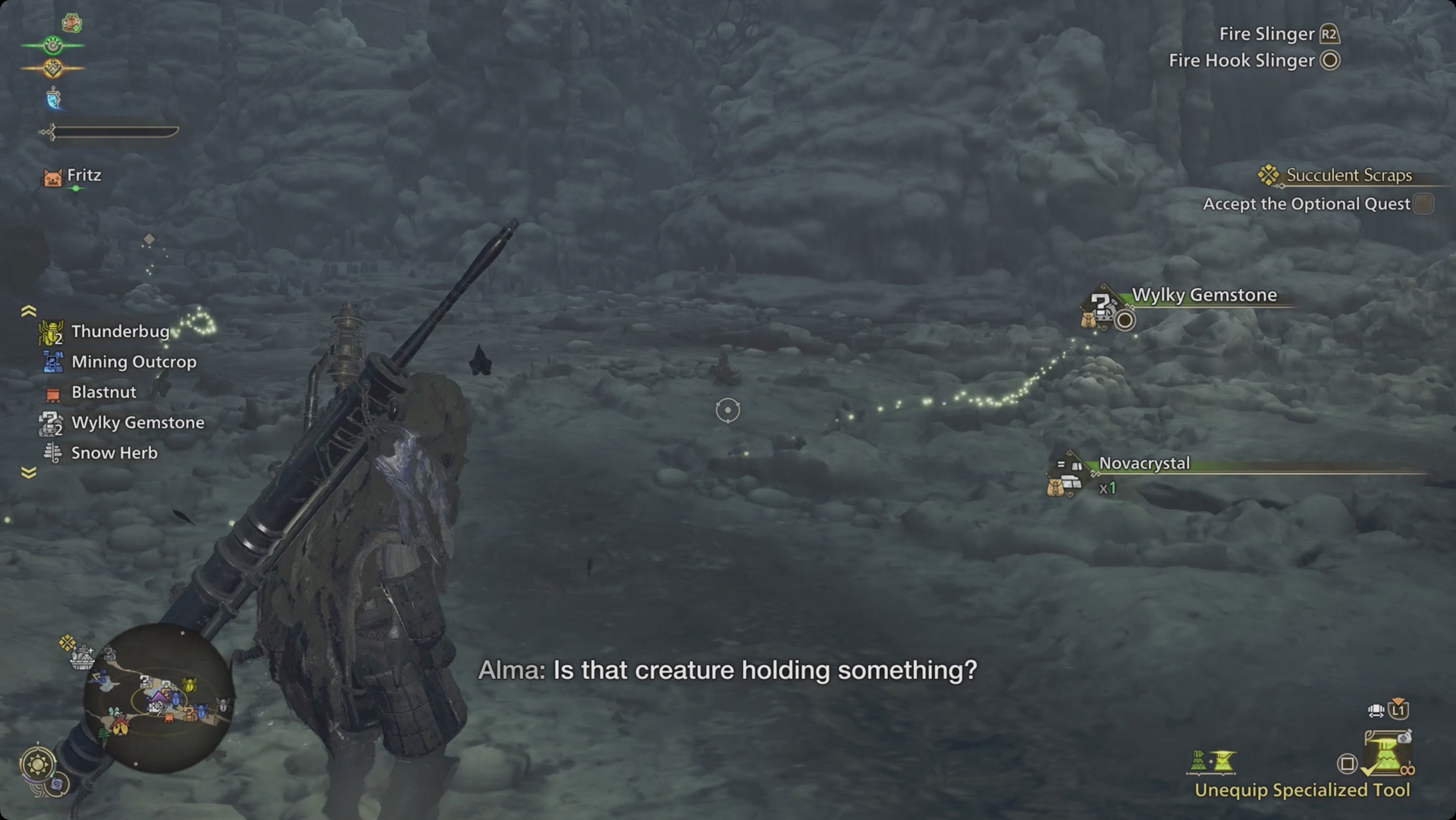 Monster Hunter Wilds Alma pointing out a curioshell crab Monster Hunter Wilds Alma pointing out a curioshell crab