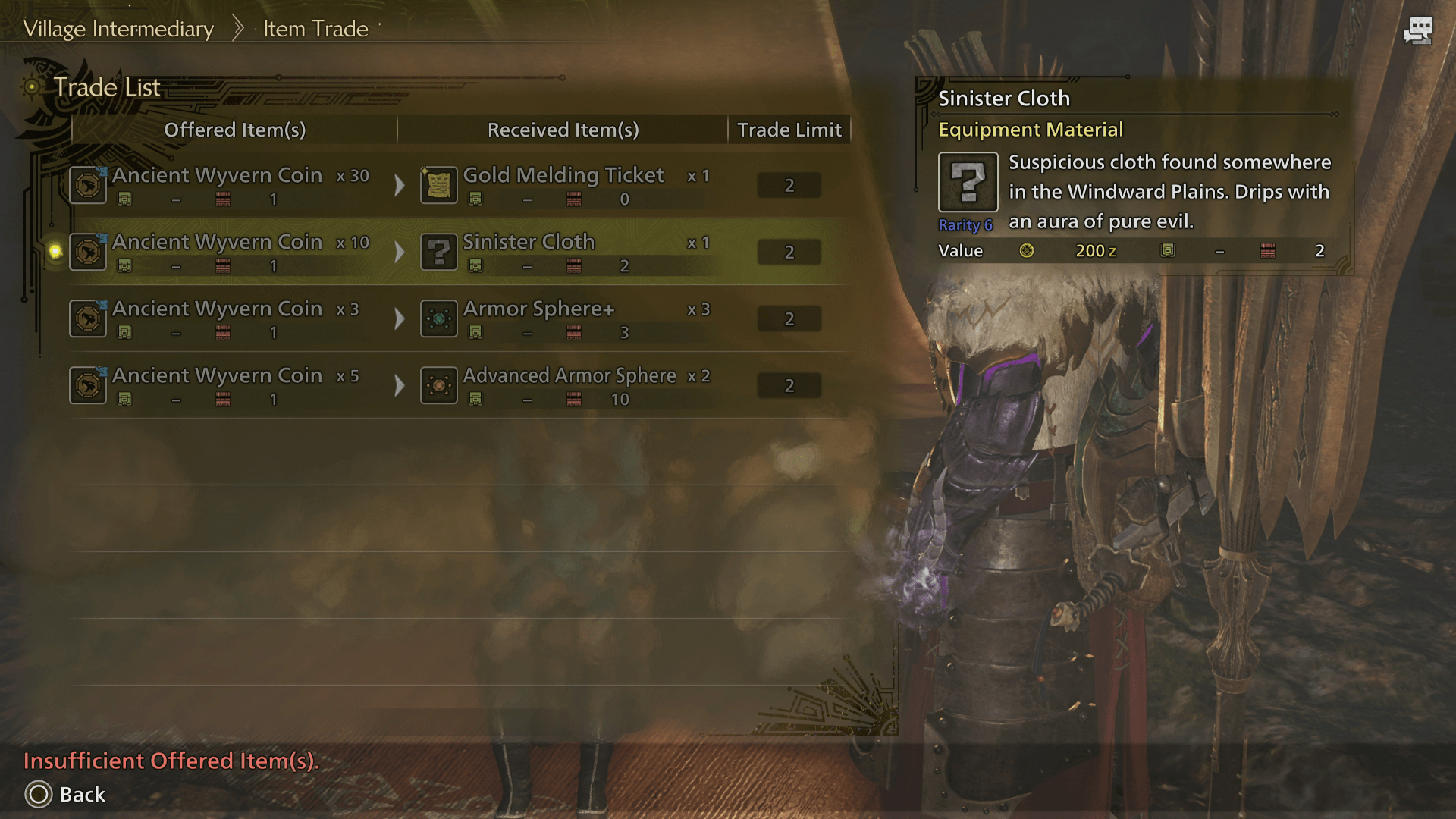 A Hunter attempts to purchase some Sinister Cloth in Monster Hunter Wilds