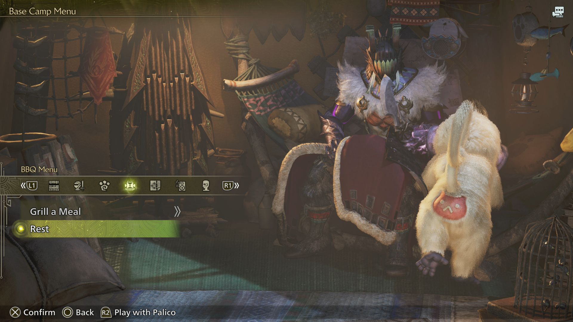 A Hunter and their Palico rest in Monster Hunter Wilds