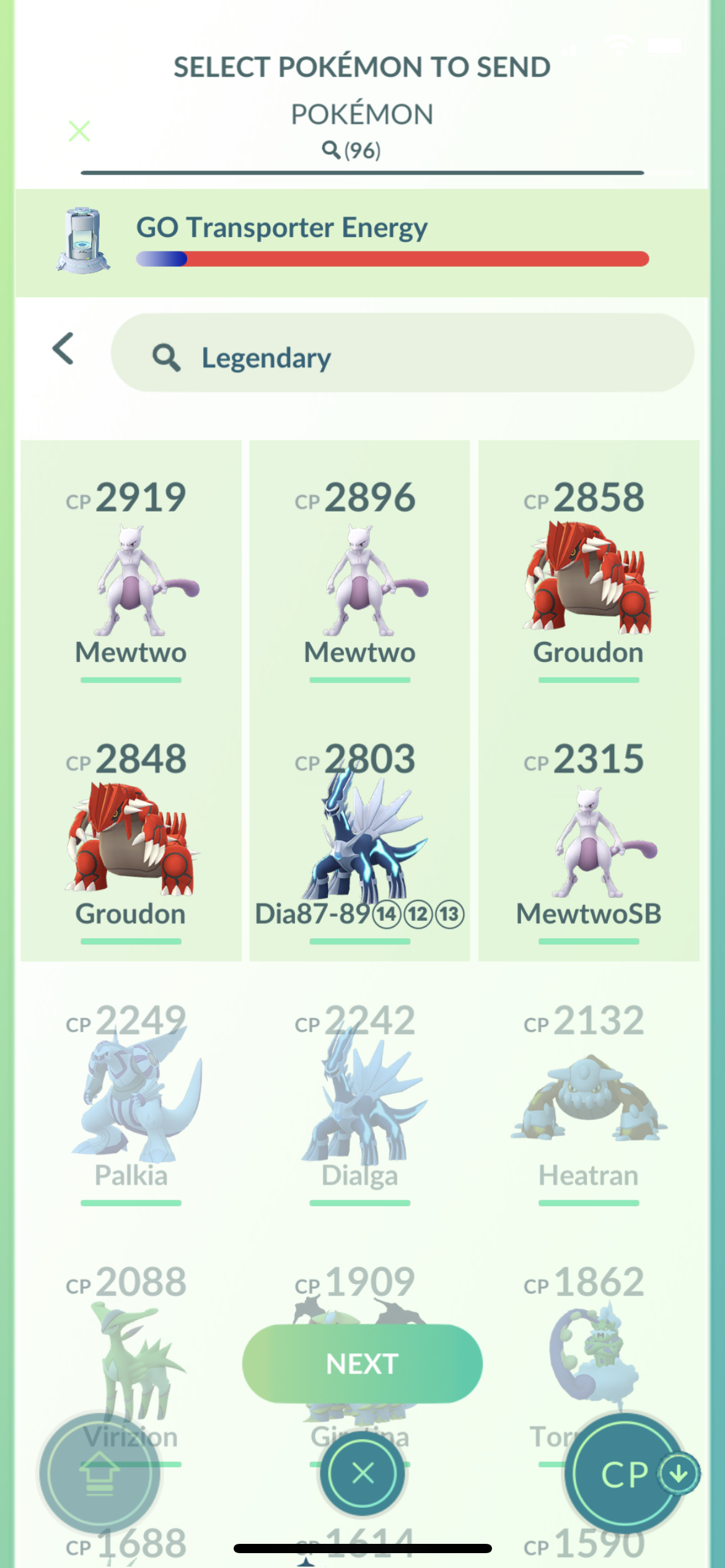 Six Legendary Pokémon are selected to be transferred using the Go Transporter. Six Legendary Pokémon are selected to be transferred using the Go Transporter.