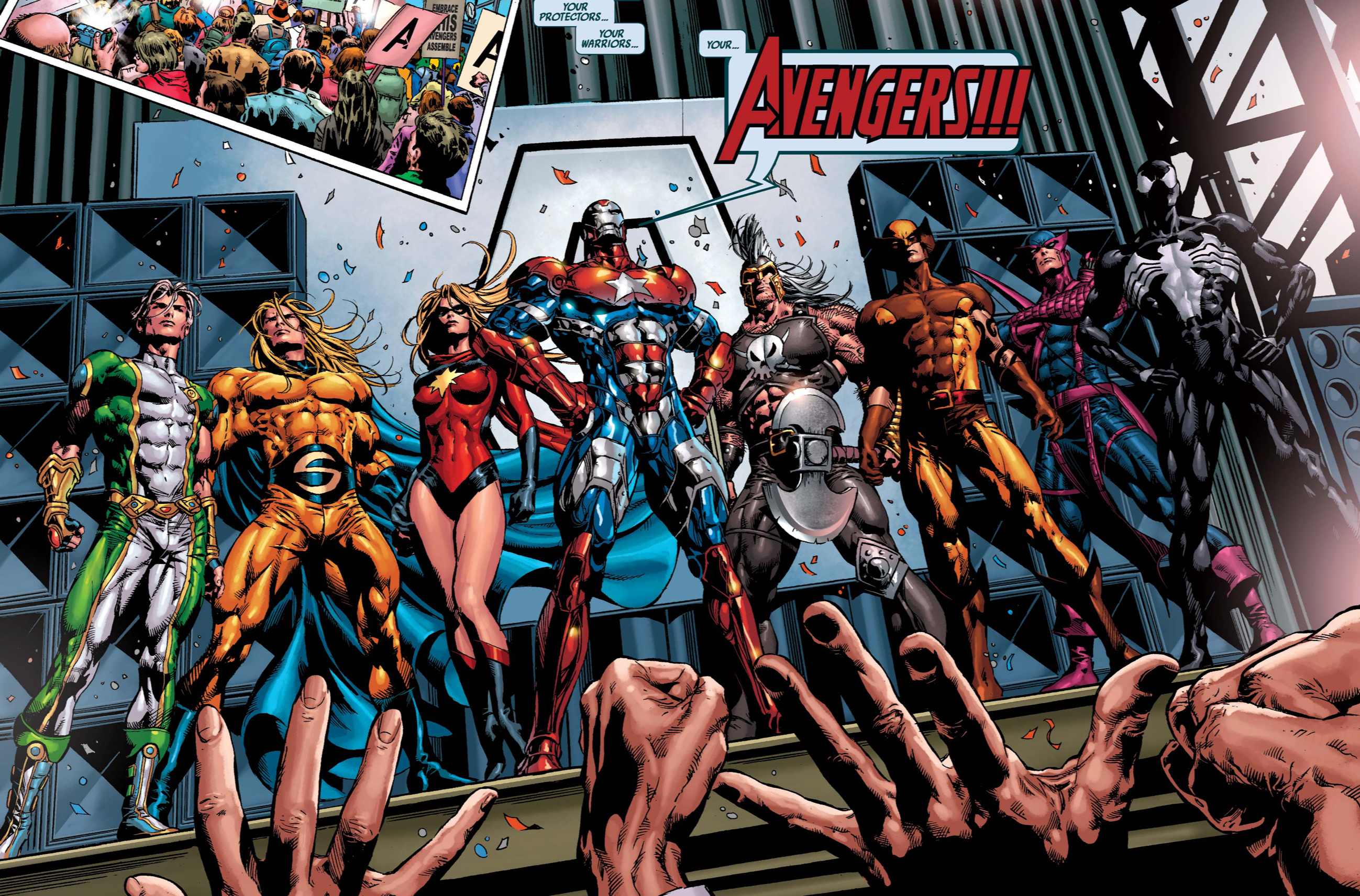 LtR: Captain Marvel (Noh-Varr), Sentry, Ms. Marvel (Moonstone), Iron Patriot (Norman Osborn), Ares, Wolverine (Daken), Hawkeye (Bullseye), and Spider-Man (Scorpion) debut as the Avengers, on a stage with red, white, and blue confetti in Dark Avengers #1. LtR: Captain Marvel (Noh-Varr), Sentry, Ms. Marvel (Moonstone), Iron Patriot (Norman Osborn), Ares, Wolverine (Daken), Hawkeye (Bullseye), and Spider-Man (Scorpion) debut as the Avengers, on a stage with red, white, and blue confetti in Dark Avengers #1.