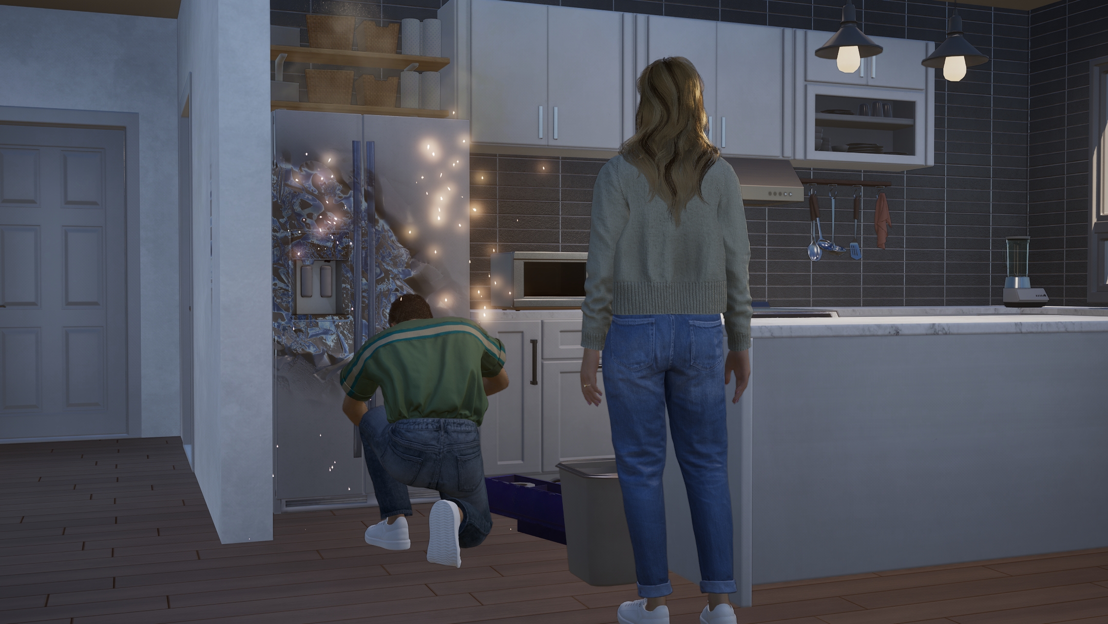 Izoi - A zoi kneels down to fix a broken refrigerator while another Zoi watches