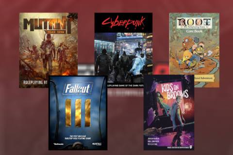 A collage featuring core rulebooks for Fallout, Cyberpunk: Red, Root, Kids on Brooms, and Mutant: Year Zero