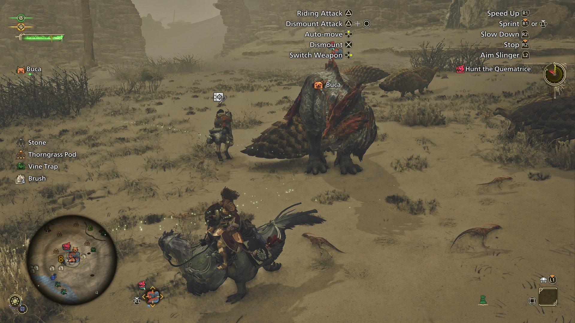 An image showing a monster fight in Monster Hunter Wilds. The hunter is riding a Seikret. An image showing a monster fight in Monster Hunter Wilds. The hunter is riding a Seikret.