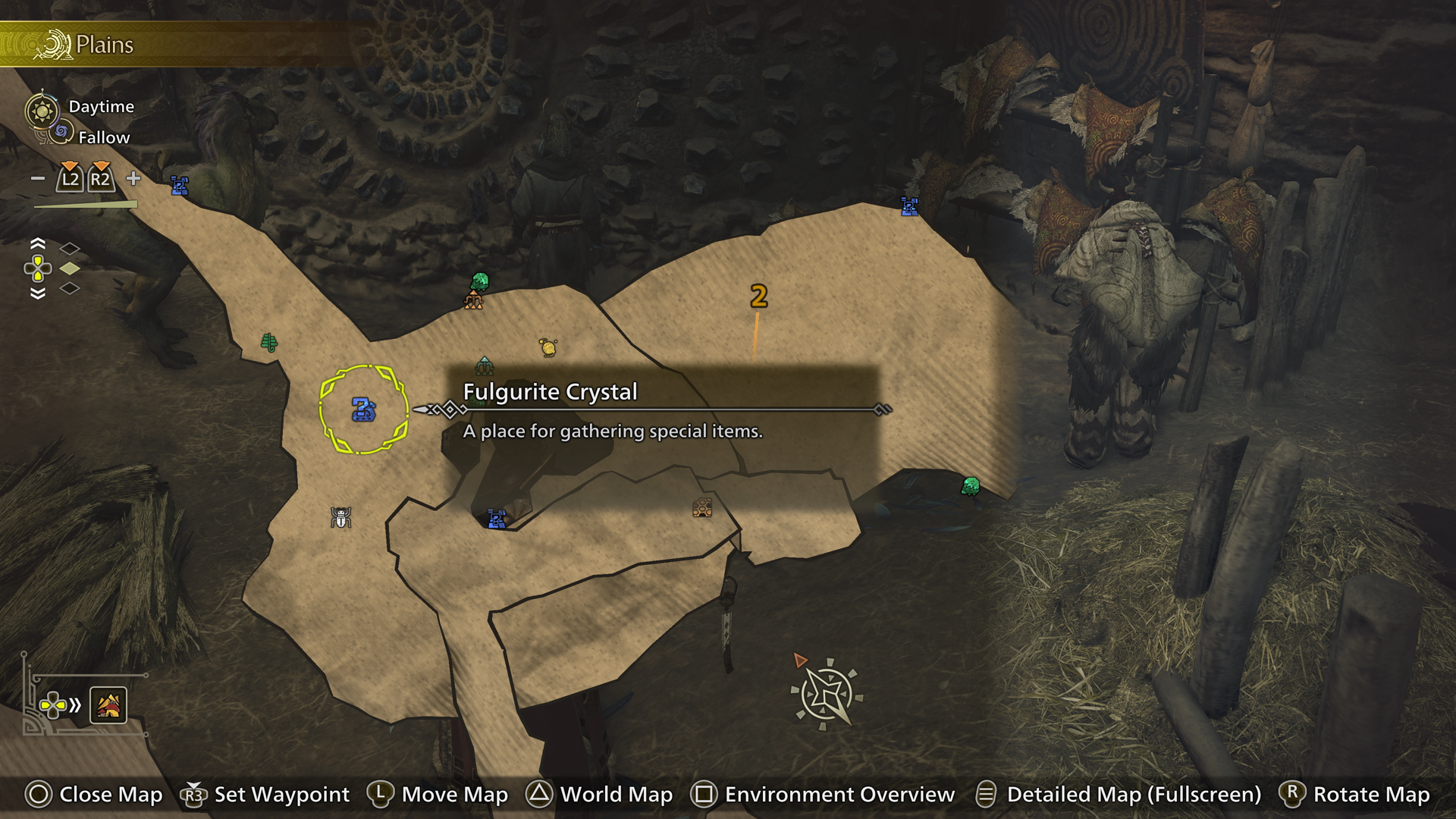 An image showing a map in Monster Hunter Wilds. The cursor is focused on an icon labeled: Fulgurite Crystal. An image showing a map in Monster Hunter Wilds. The cursor is focused on an icon labeled: Fulgurite Crystal.