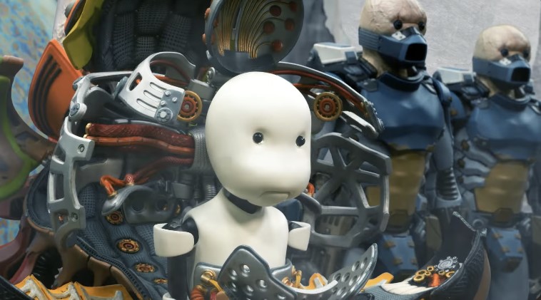 A white cyborg in a mech suit standing next to other mech suits in Junk World. A white cyborg in a mech suit standing next to other mech suits in Junk World.