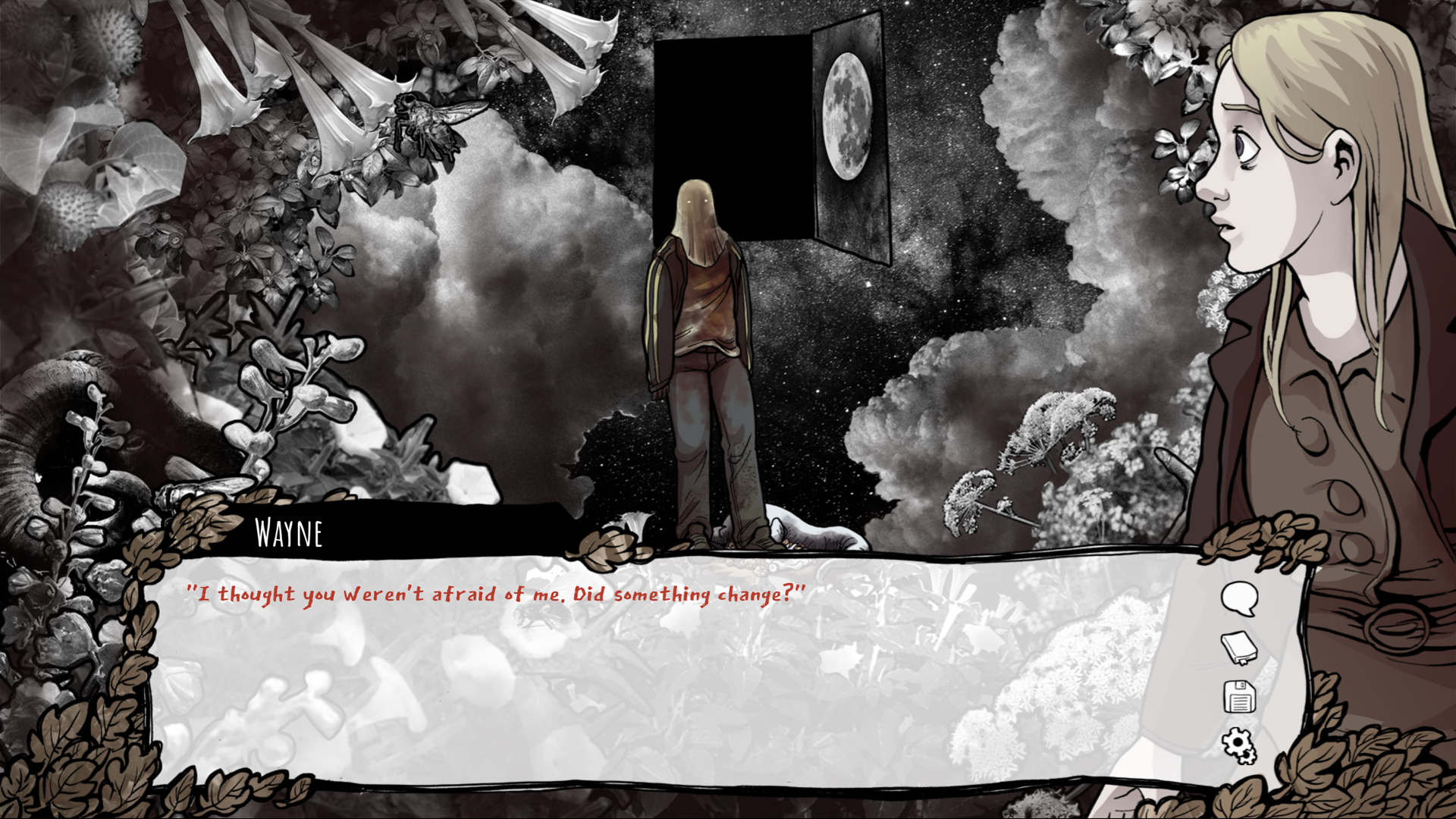 A mysterious hooded figure stands in the middle of a black-and-white collaged landscape. A blonde woman looks alarmed to see him. Text on the screen reads “I thought you weren’t afraid of me. Did something change?” 