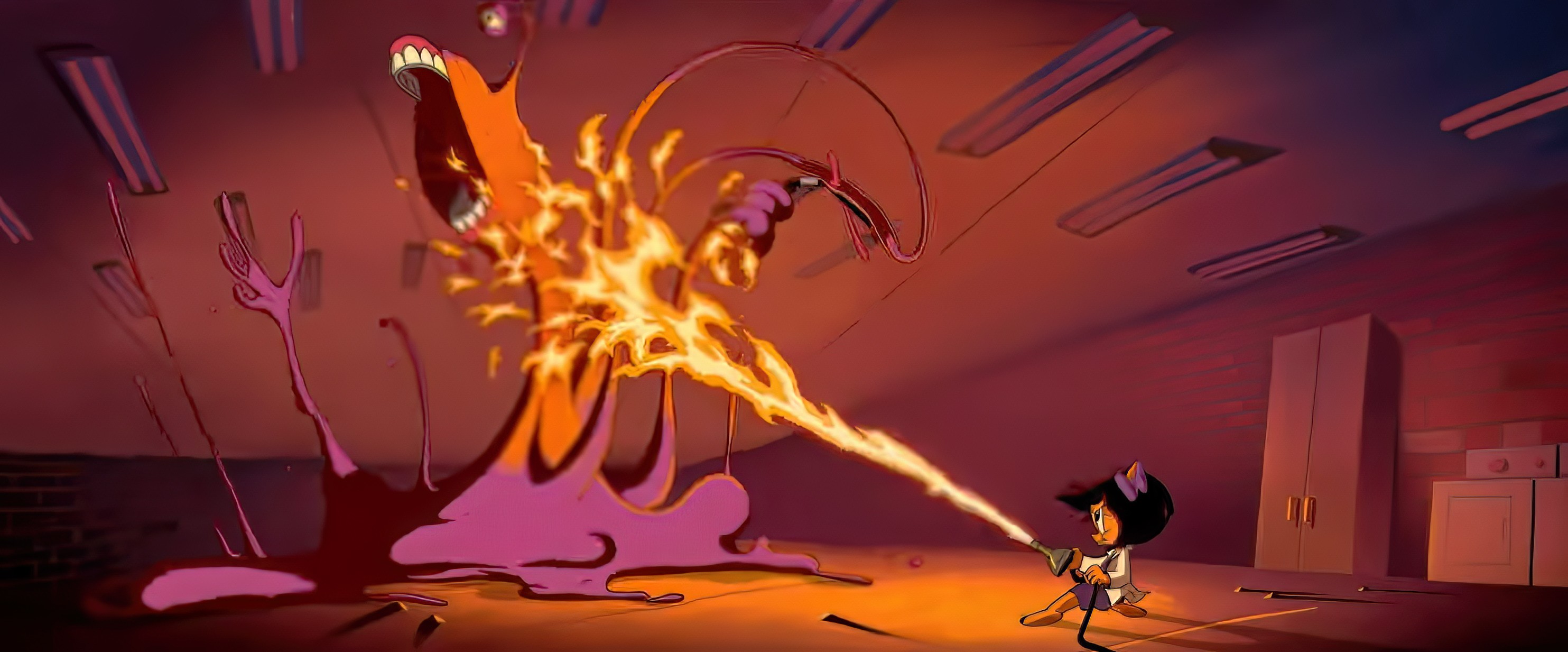 Petunia Pig blasts a jet of fire at an orange-and-pink blobby mass of tentacles with a single central eyestalk and a lot of teeth in The Day the Earth Blew Up: A Looney Tunes Movie